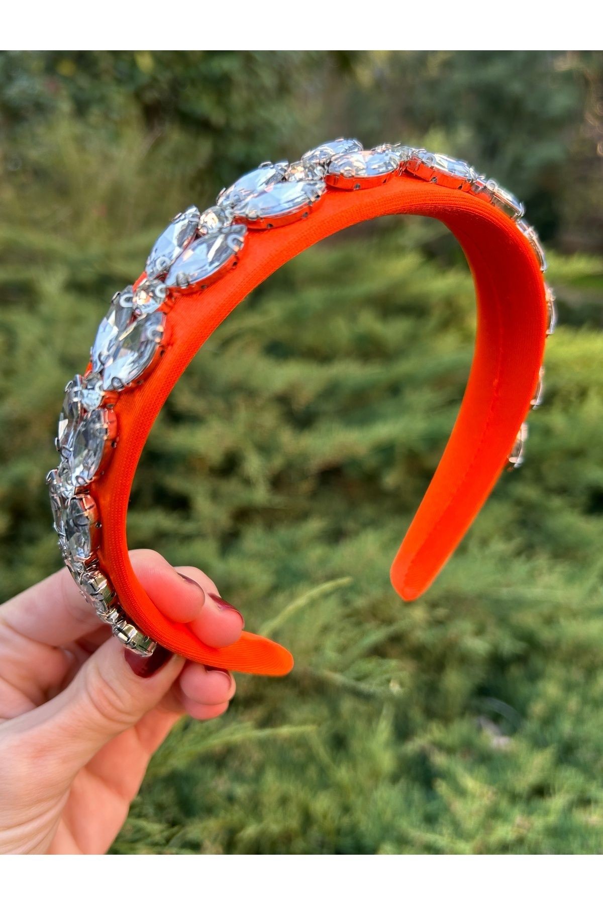 BYM090 Saten 4 Cm Full Baget Turuncu Renk Kalın Taş Şık Abiye El Yapımı Kadın Saç Tacı