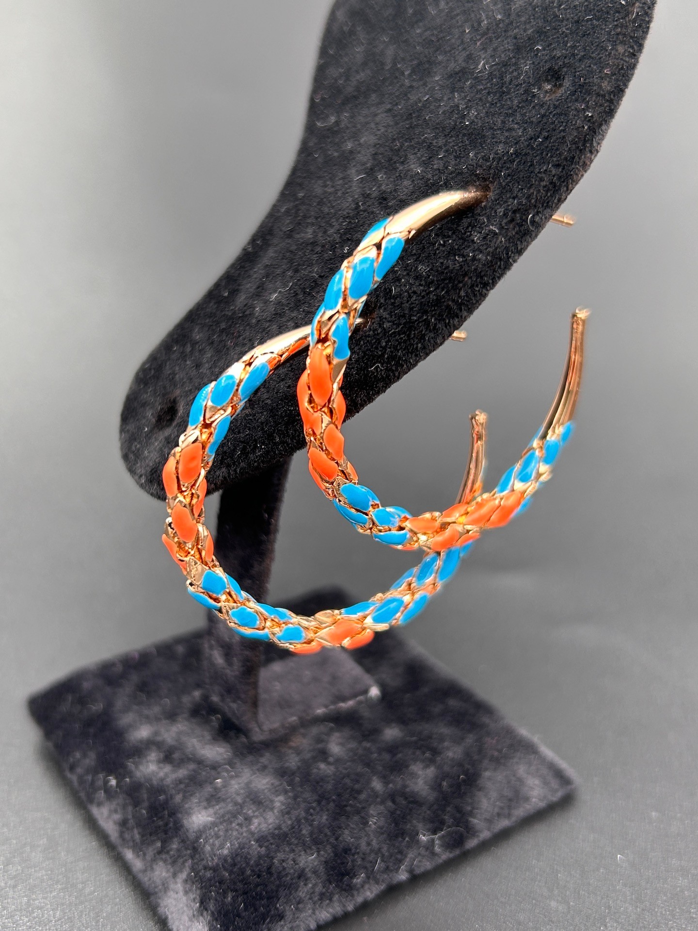 BYM096 Yuvarlak Mavi Turuncu Örgü Model Günlük Abiye Rose Gold Halka Kadın Çelik Küpe