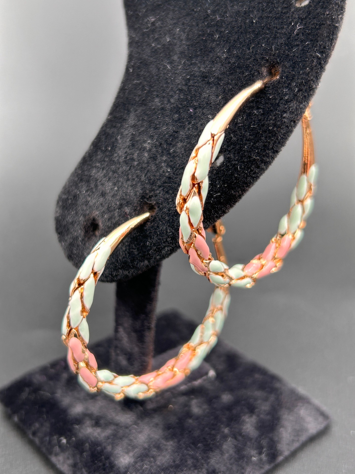 BYM099 Yuvarlak Mavi Yeşil Örgü Model Günlük Abiye Rose Gold Halka Kadın Çelik Küpe