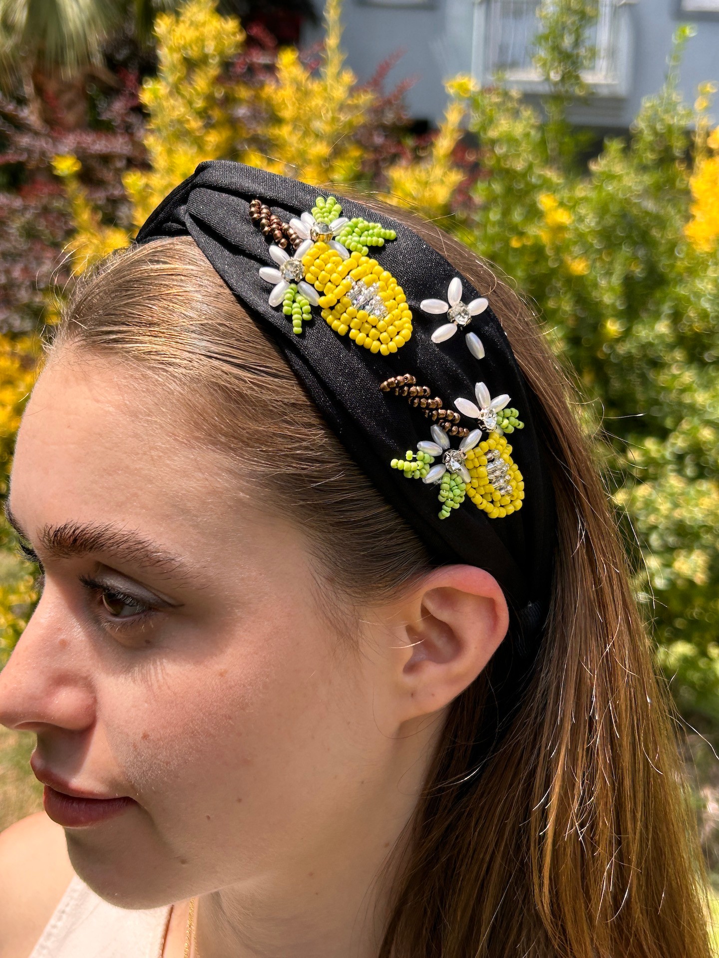 BYM573 Floral Tasarım Abiye Günlük El İşi Sarı Ananas Boncuk Yaz Motifli Kadın Saç Tacı