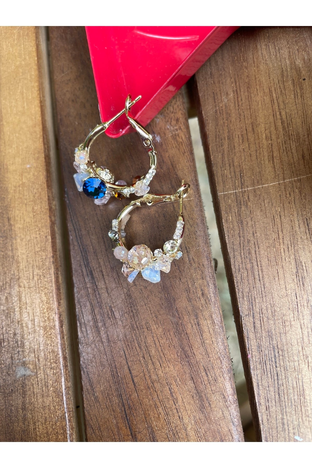 BYM163 Çok Renkli Taşlı Gold Halka Kadın Çelik Küpe