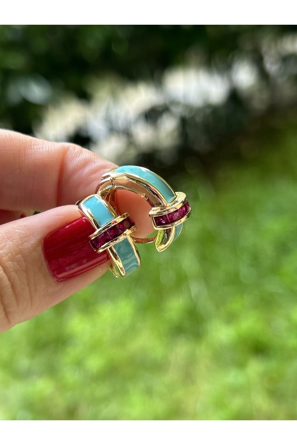 ByMerve BYM115 C Mini Model Özel Seri Yeşil Mineli Taş Detaylı Kararma Yapmaz Kadın Halka Küpe