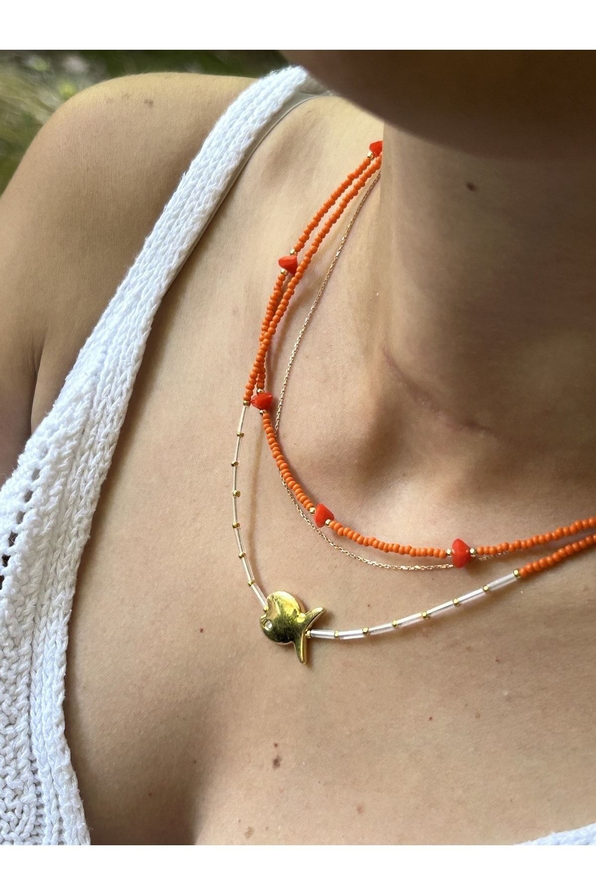 BYM398 Turuncu Balık Figürlü 2'li Deniz Temalı Kadın Kolye Takımı