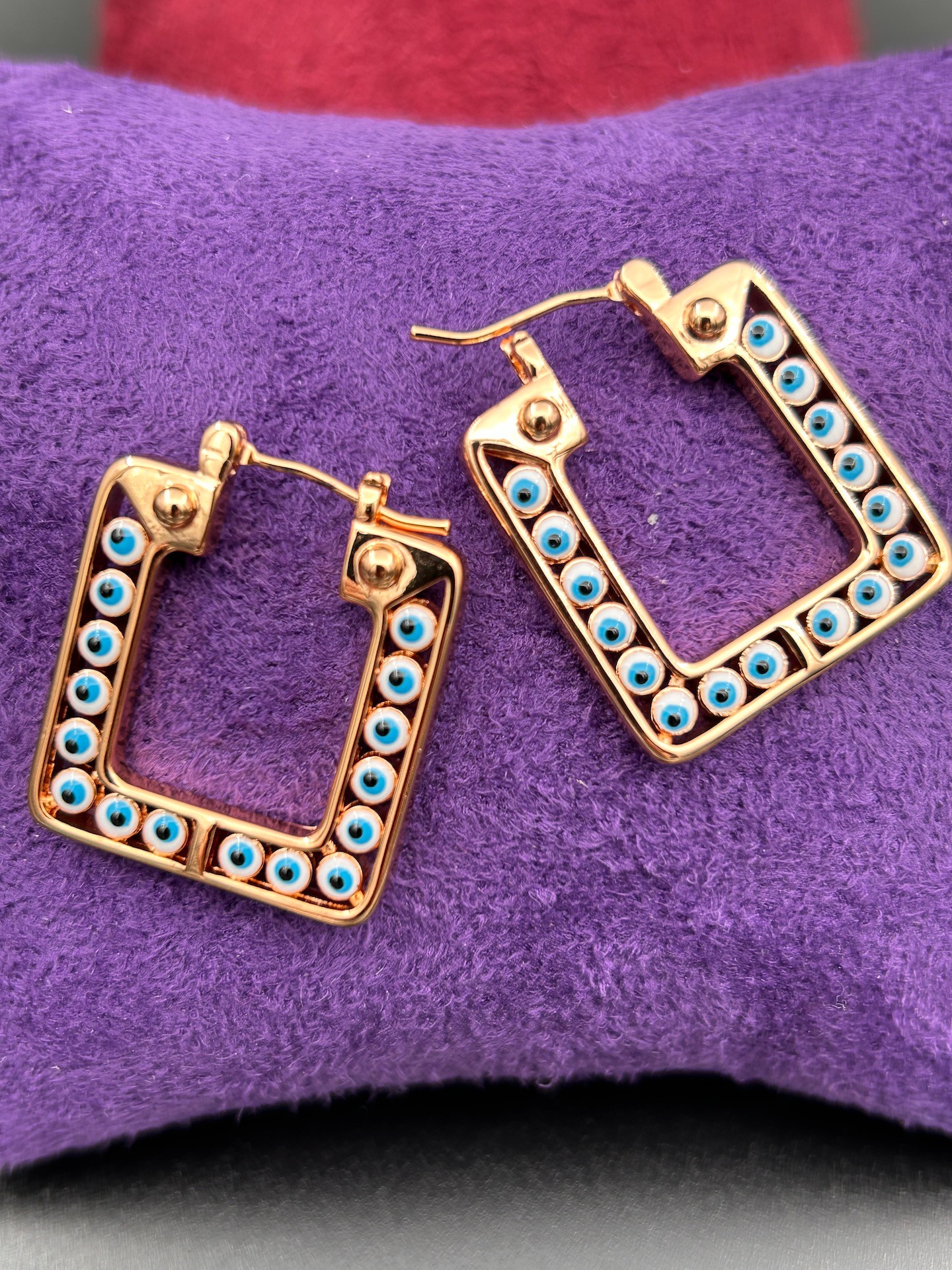 BYM082 Çelik Suya Dayanaklı Kare 3 cm Mavi Nazar Boncuklu Rose Gold Kadın Çelik Küpe