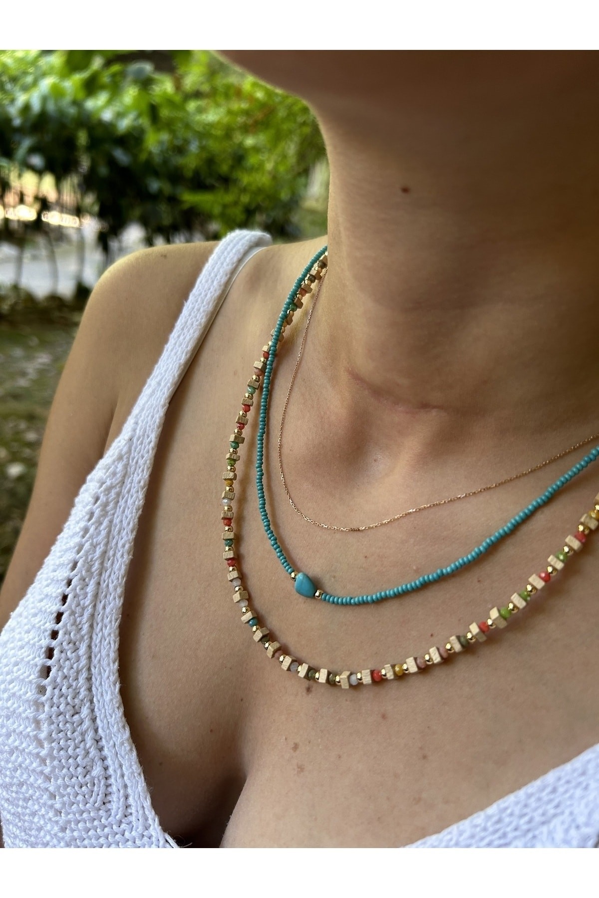 BYM424 Ahşap Boncuk 2'li Takım - Açık Kahve Ve Mavi Renkli Kadın Kolye