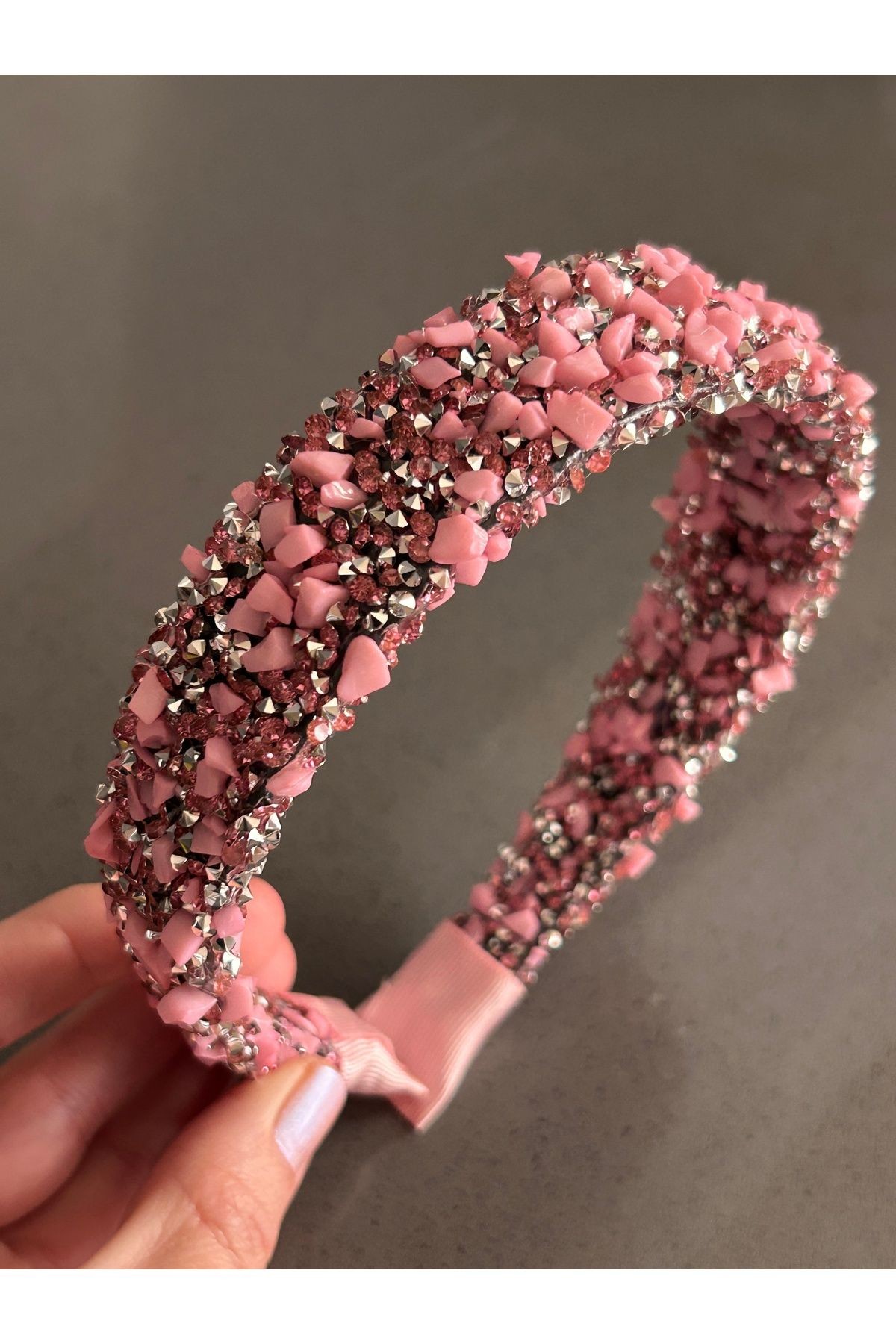 BYM187 Doğal Taşlı Pembe Taç Kalın Model Kristal Taşlı Saç Aksesuarı Nişan Abiye Kadın Saç Tacı