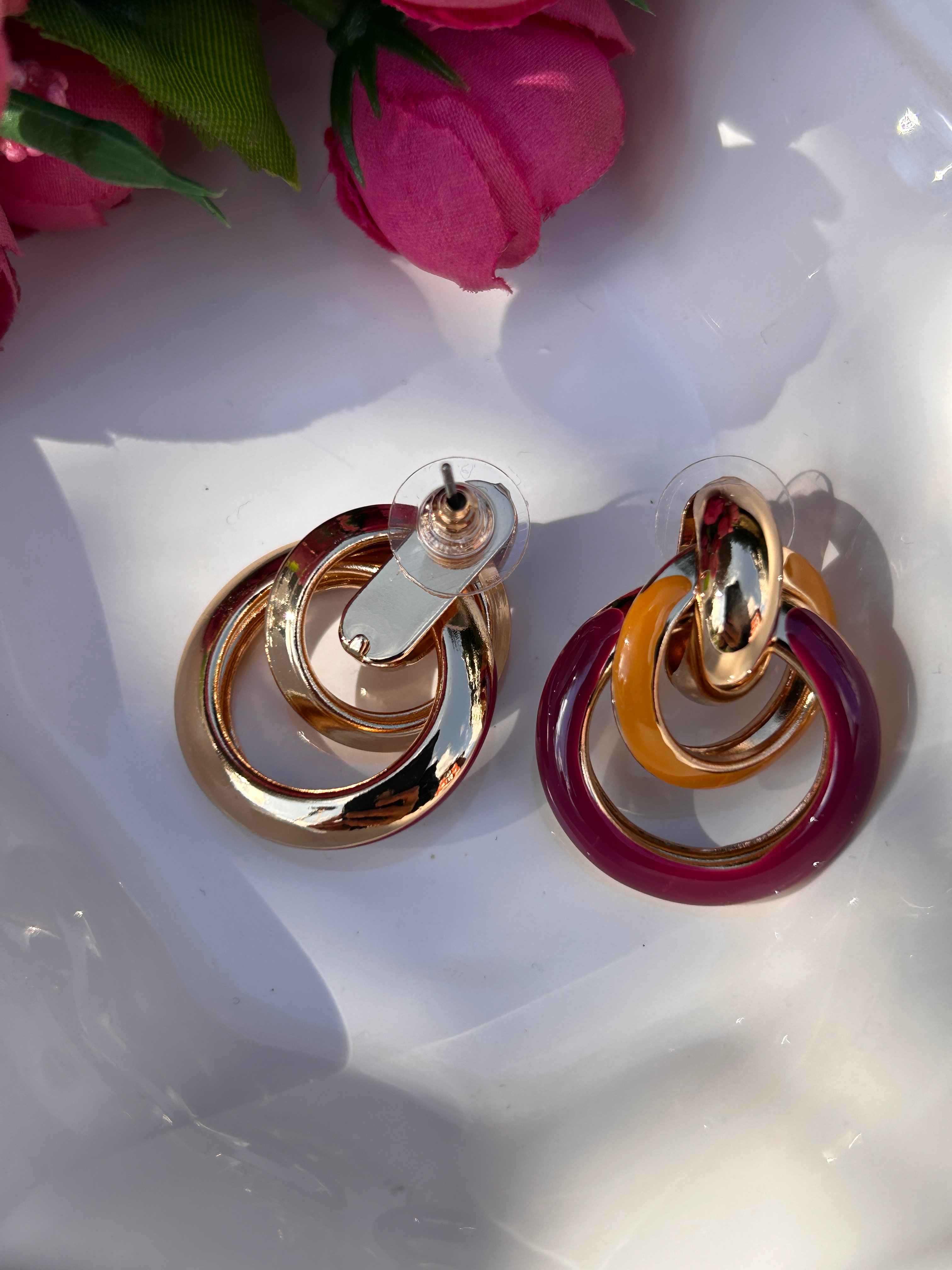BYM127 Abiye Tasarım Halka Gold Tabaka Bordo 3,5 cm Kadın Çelik Küpe