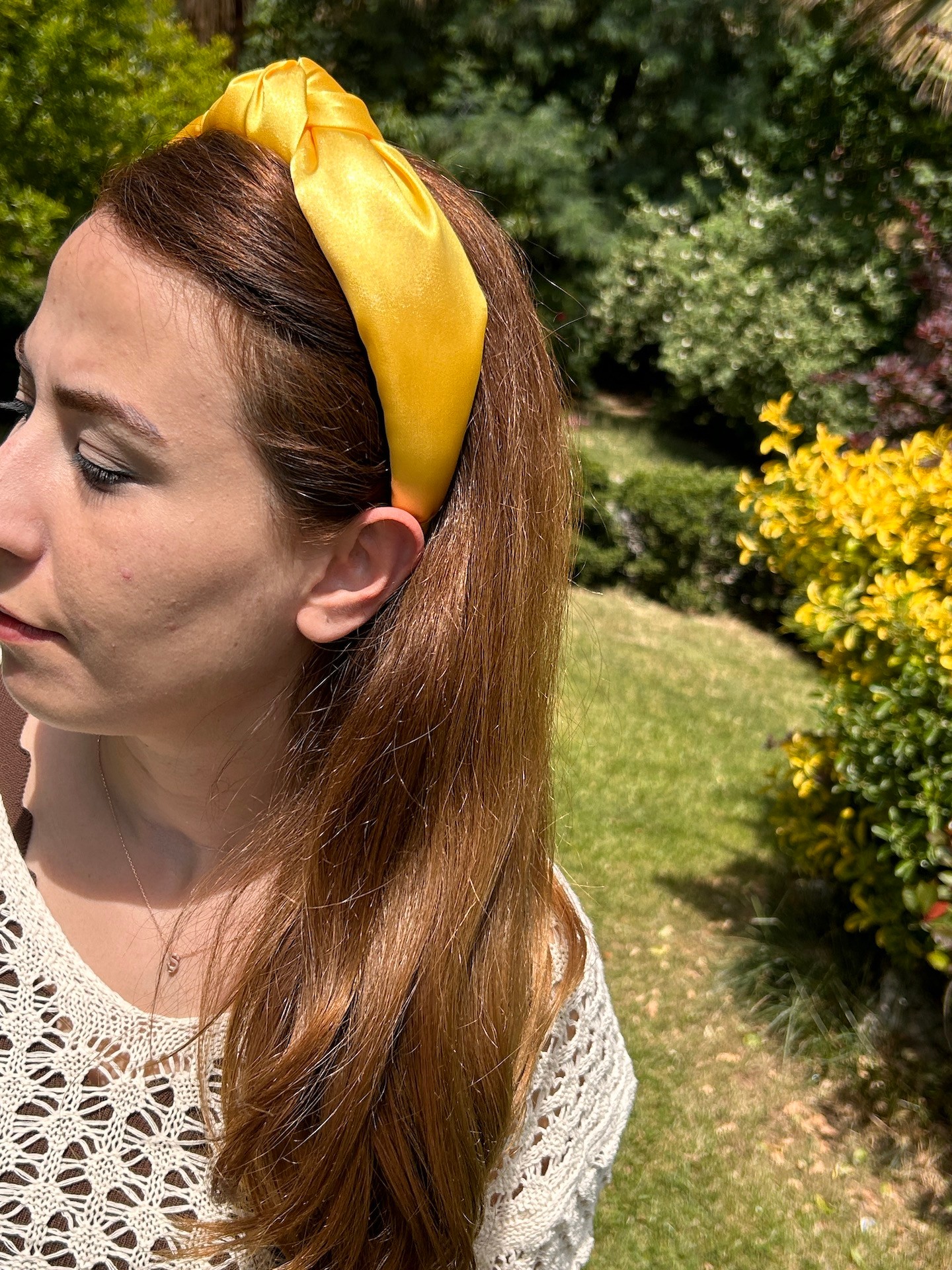 BYM485 Saten Düğümlü Model Sarı Kadın El İşi Saç Tacı | Parlak Saten El Yapımı Saç Bandı