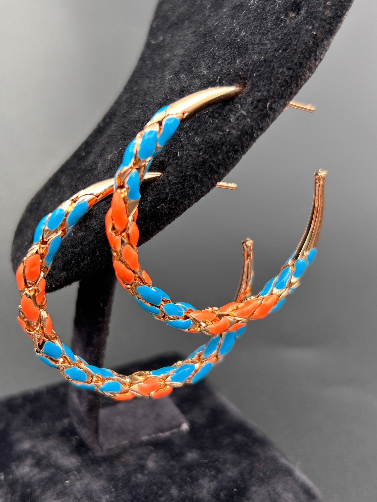 BYM096 Yuvarlak Mavi Turuncu Örgü Model Günlük Abiye Rose Gold Halka Kadın Çelik Küpe