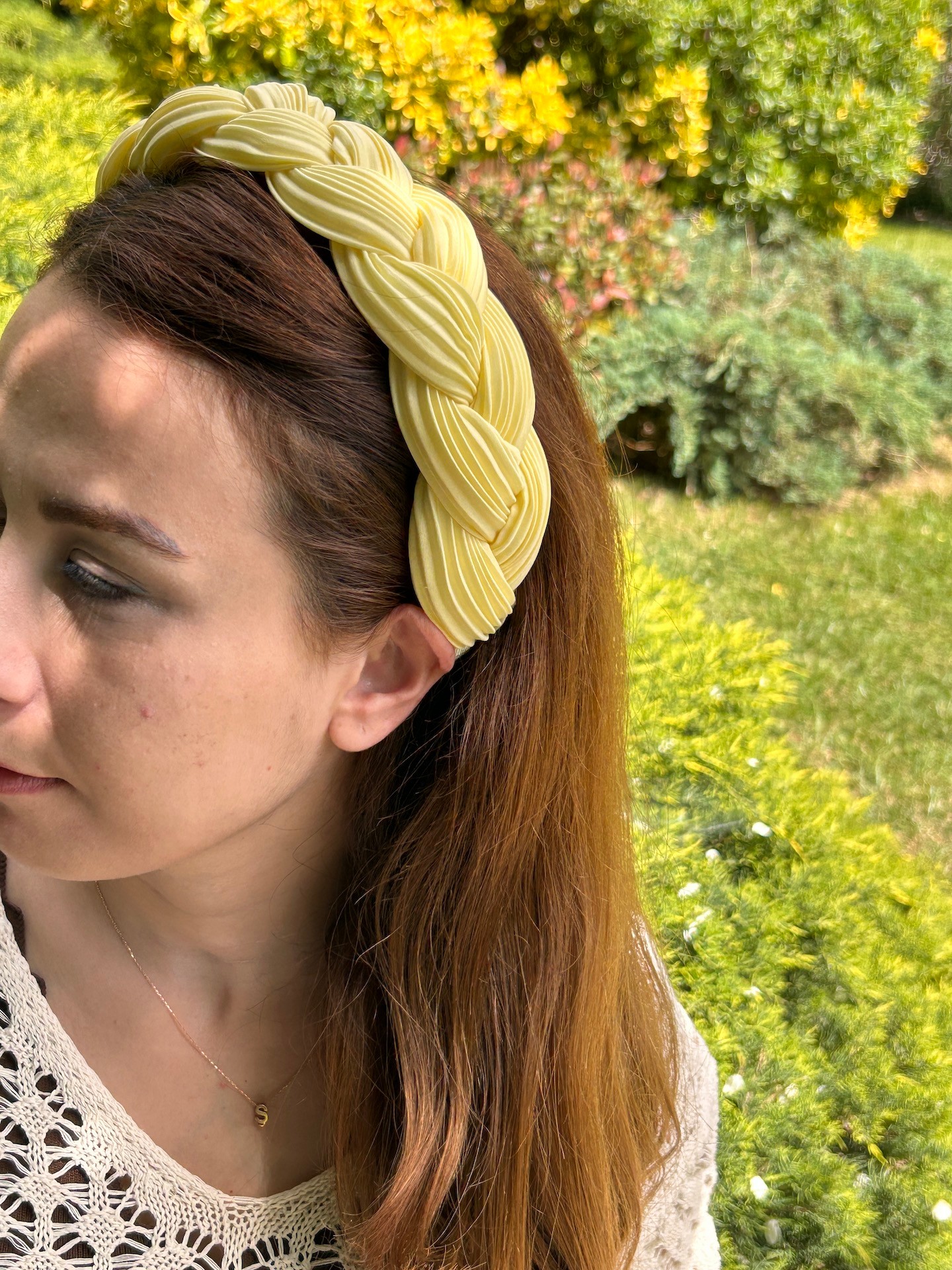 Kadın Pilise Kumaş Koyu Limon Sarı Renk Örgü Model Günlük Taç Saç Bandı