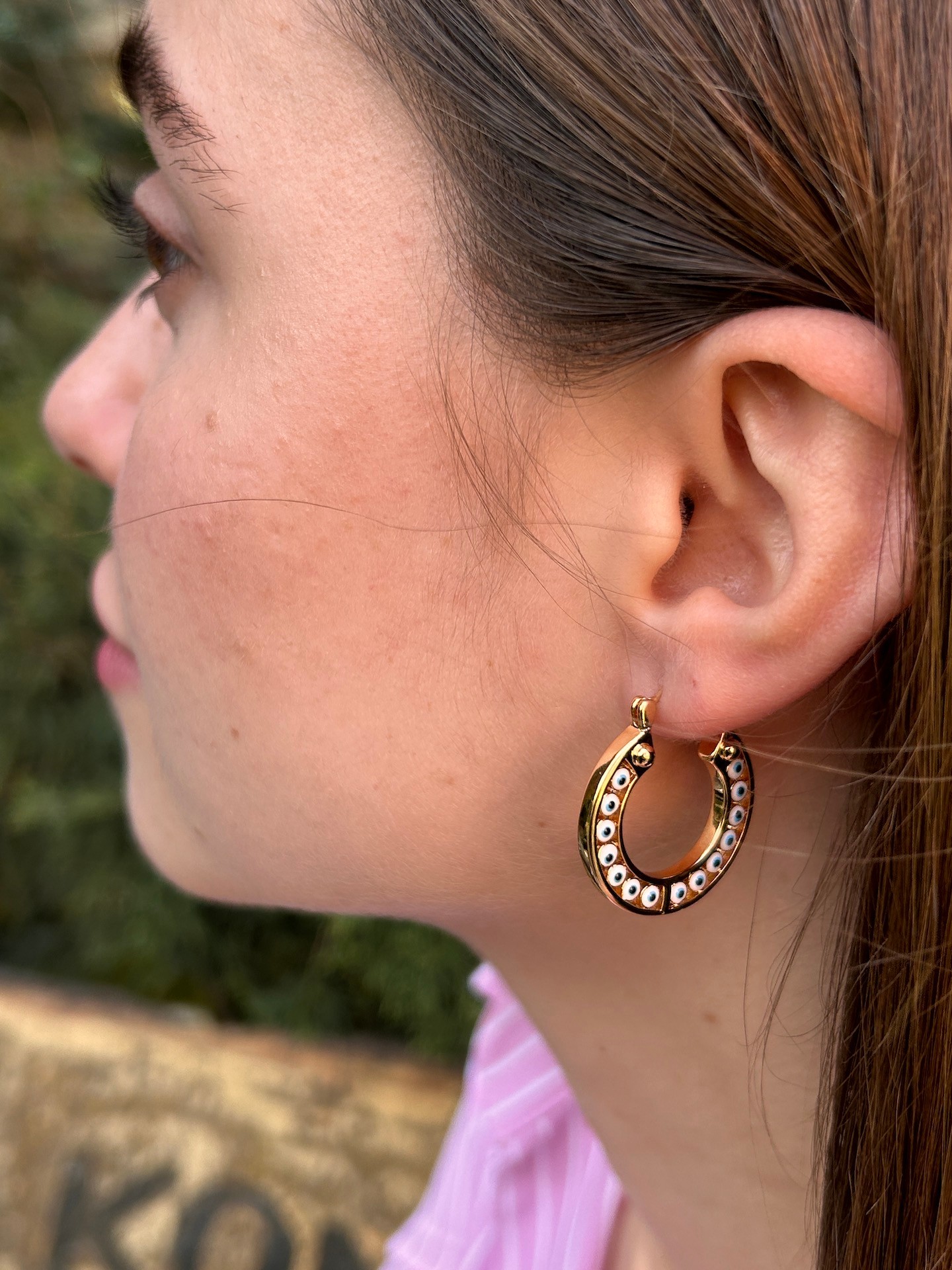 BYM084 Çelik Suya Dayanaklı Yuvarlak 2,5 (Çap) Nazar Boncuklu Rose Gold Kadın Çelik Küpe