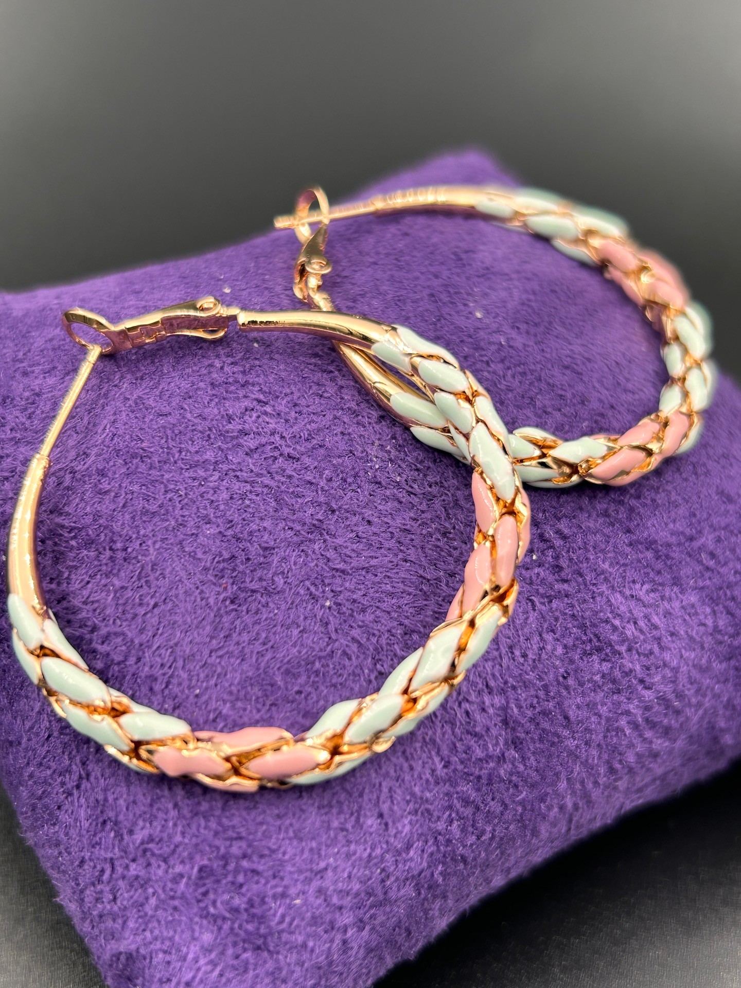 BYM099 Yuvarlak Mavi Yeşil Örgü Model Günlük Abiye Rose Gold Halka Kadın Çelik Küpe