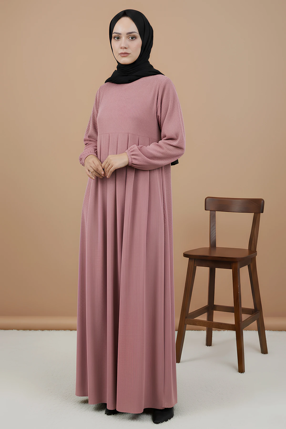 Kadife Laura Pileli Tesettür Elbise - Gül Kurusu