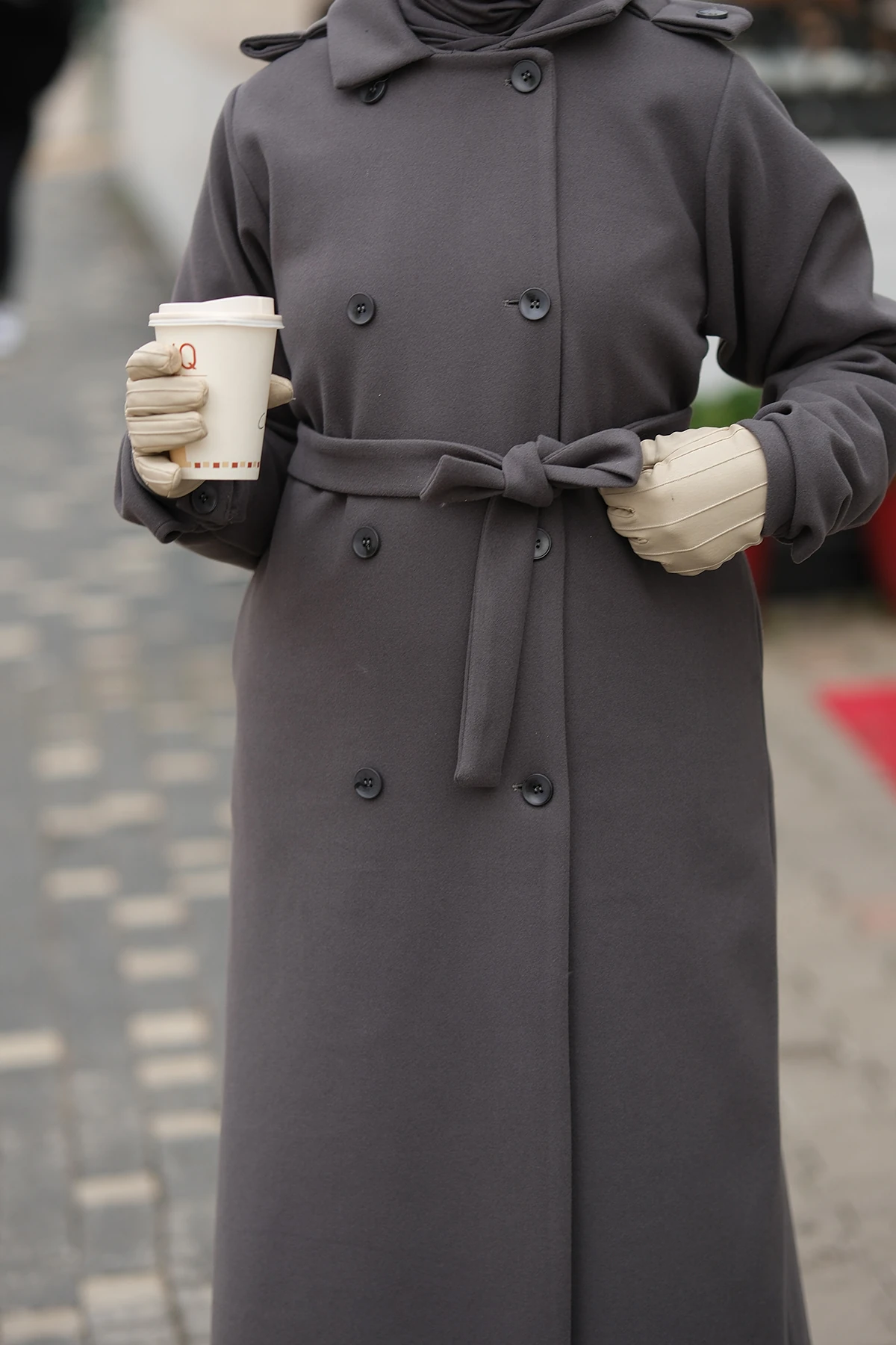 Kruvaze Kaşe Tam Boy Tesettür Kaban - Antrasit