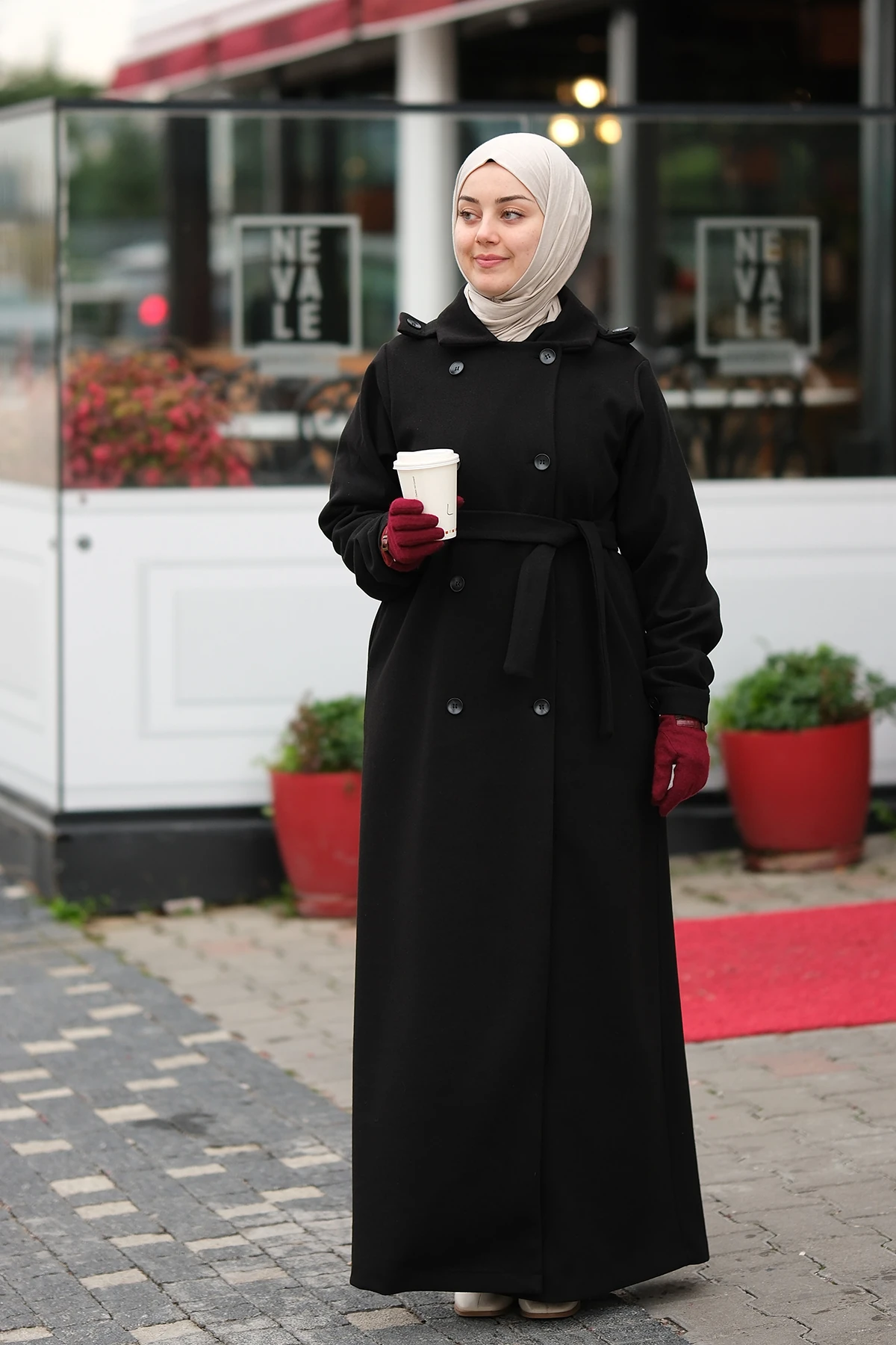 Kruvaze Kaşe Tam Boy Tesettür Kaban - Siyah