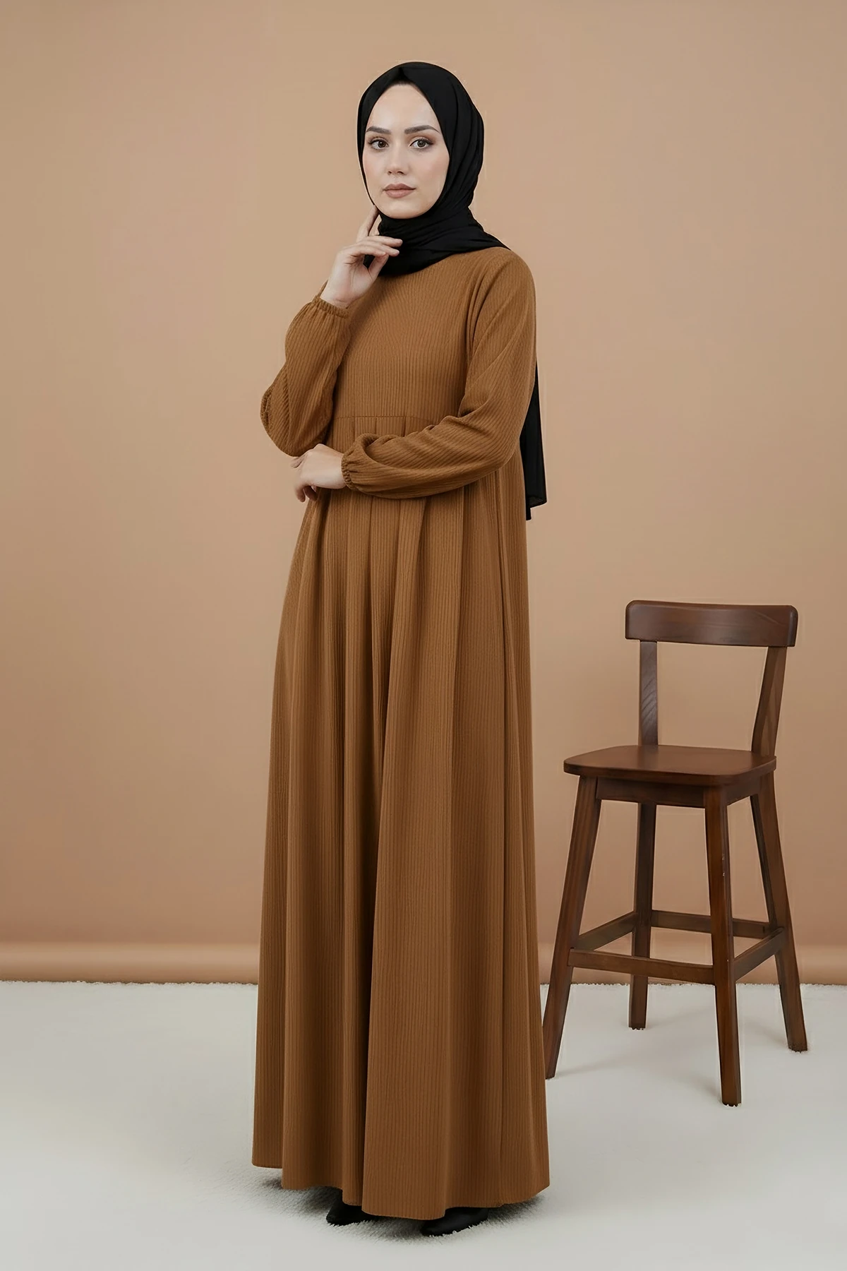 Kadife Laura Pileli Tesettür Elbise - Kiremit