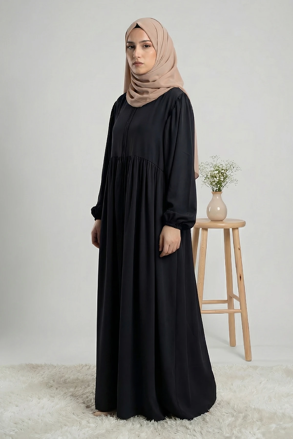 Meva Fermuarlı Medine Tam Boy Ferace - Siyah