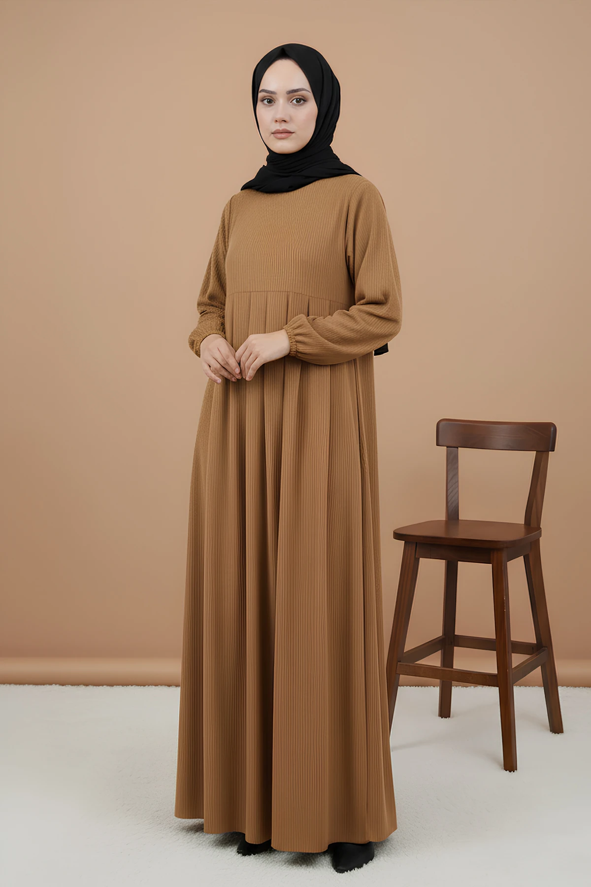 Kadife Laura Pileli Tesettür Elbise - Hardal