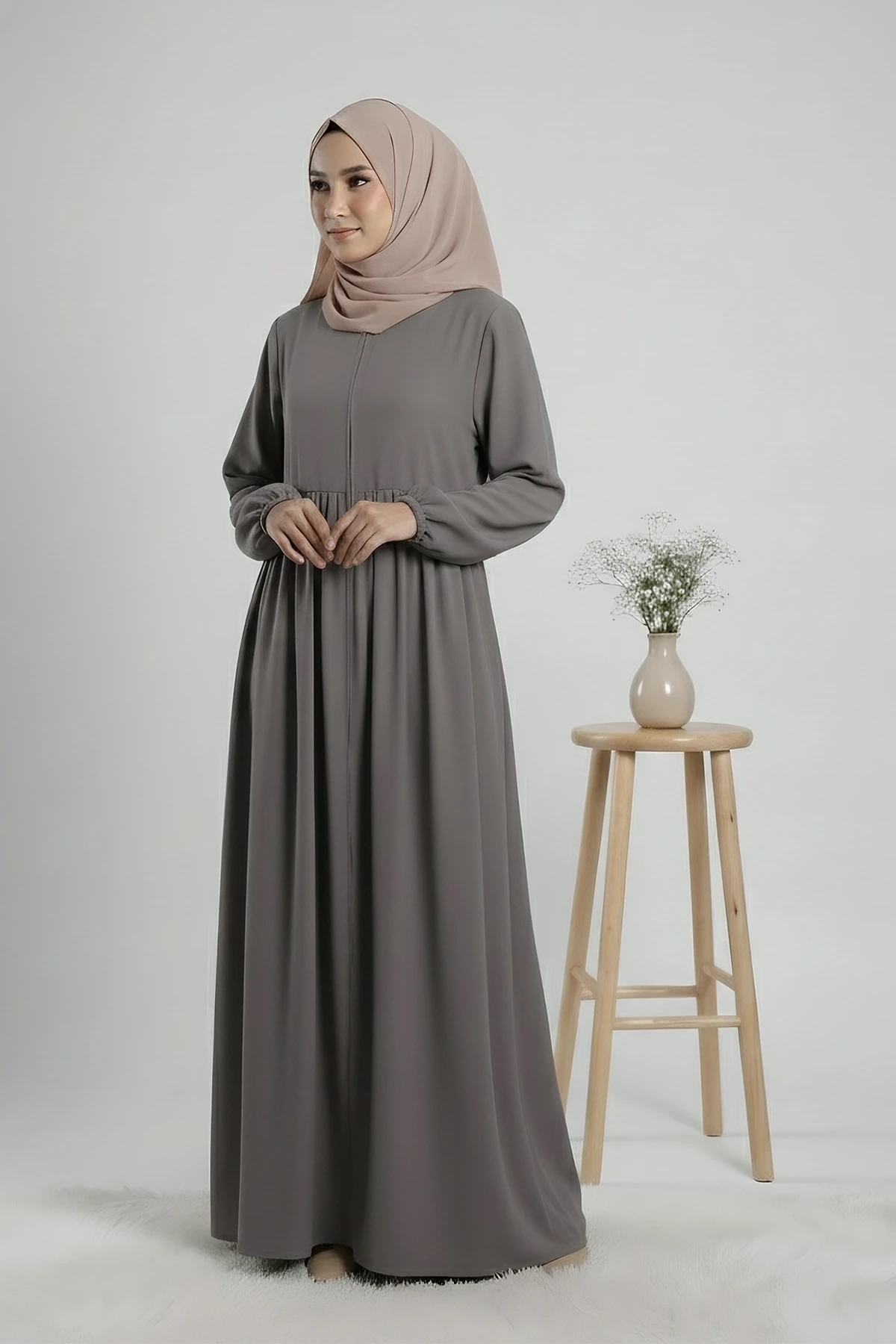 Meva Fermuarlı Medine Tam Boy Ferace - Antrasit