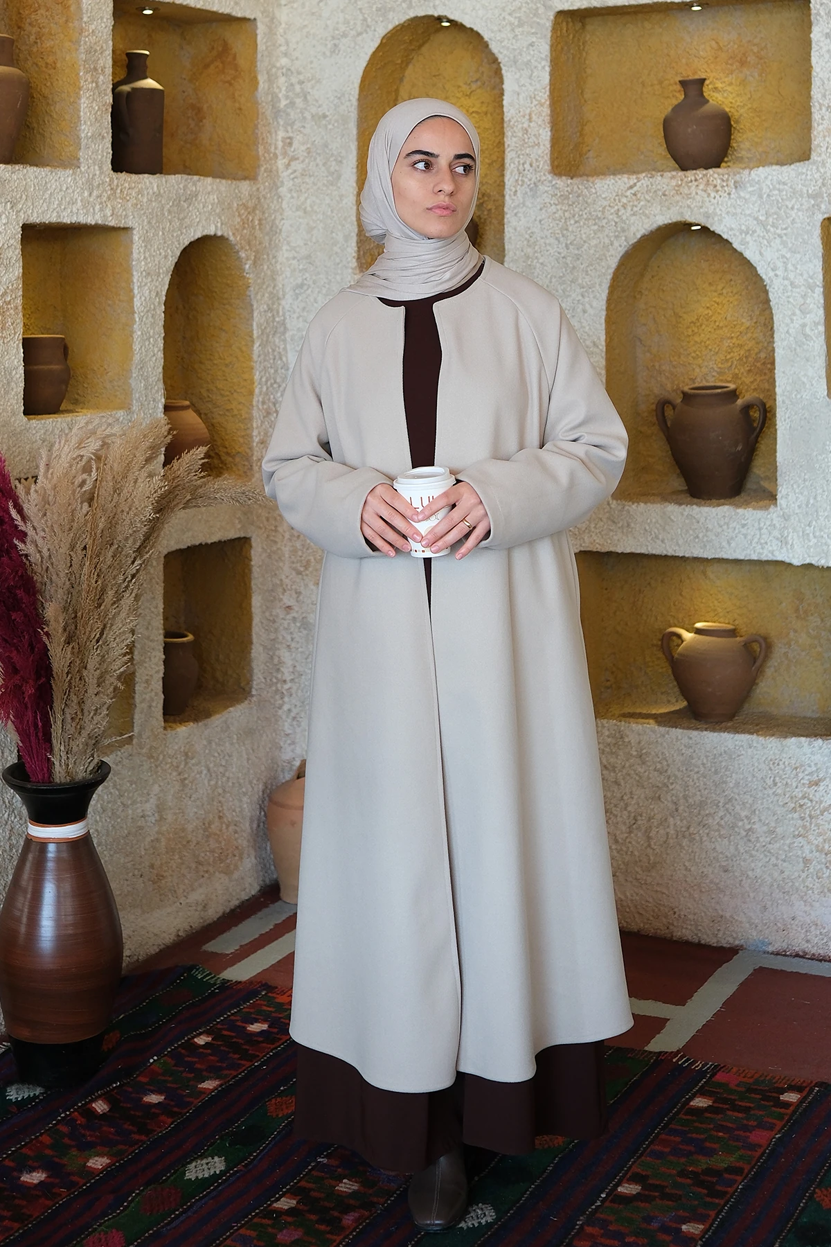 Kaşe Oversize Tesettür Hırka - Taş