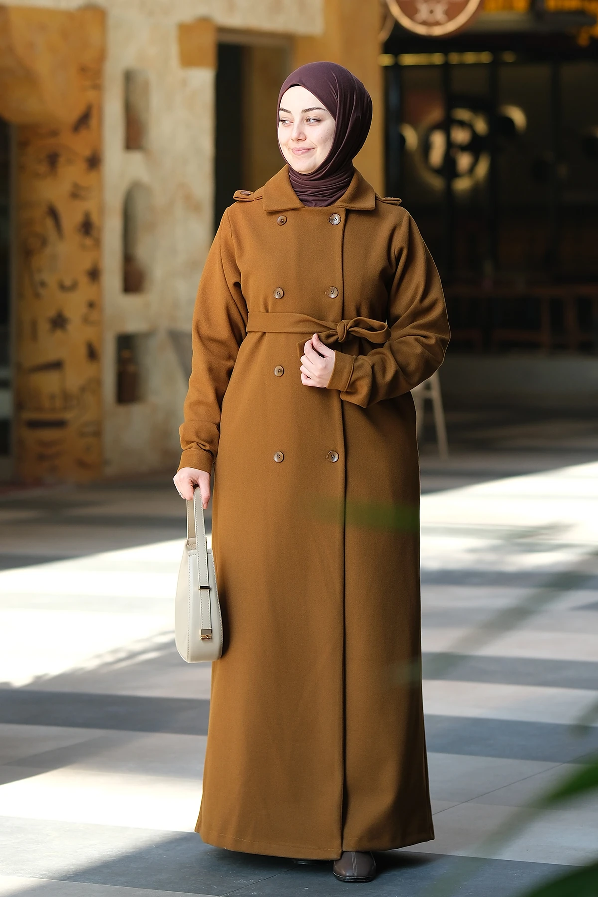 Kruvaze Kaşe Tam Boy Tesettür Kaban - Taba