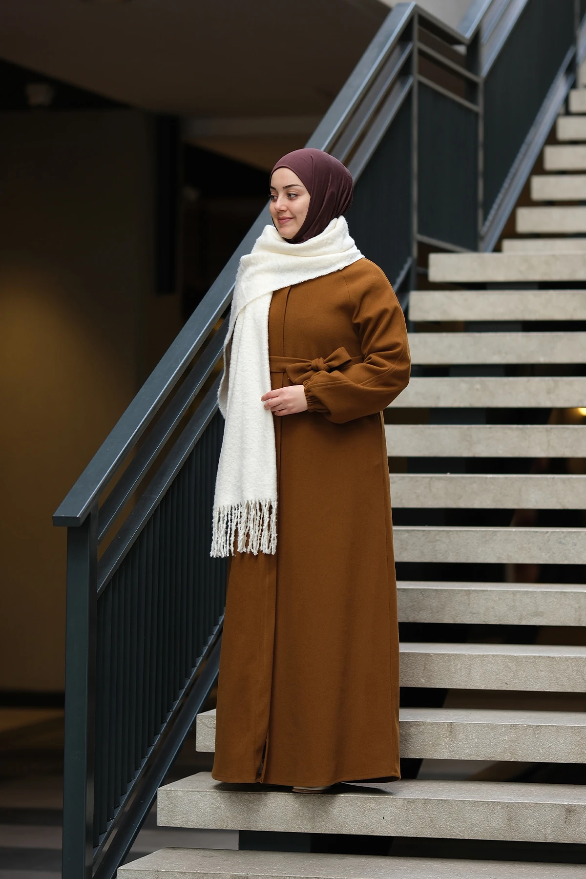 Kloş Kaşe Tam Boy Tesettür Kaban - Taba