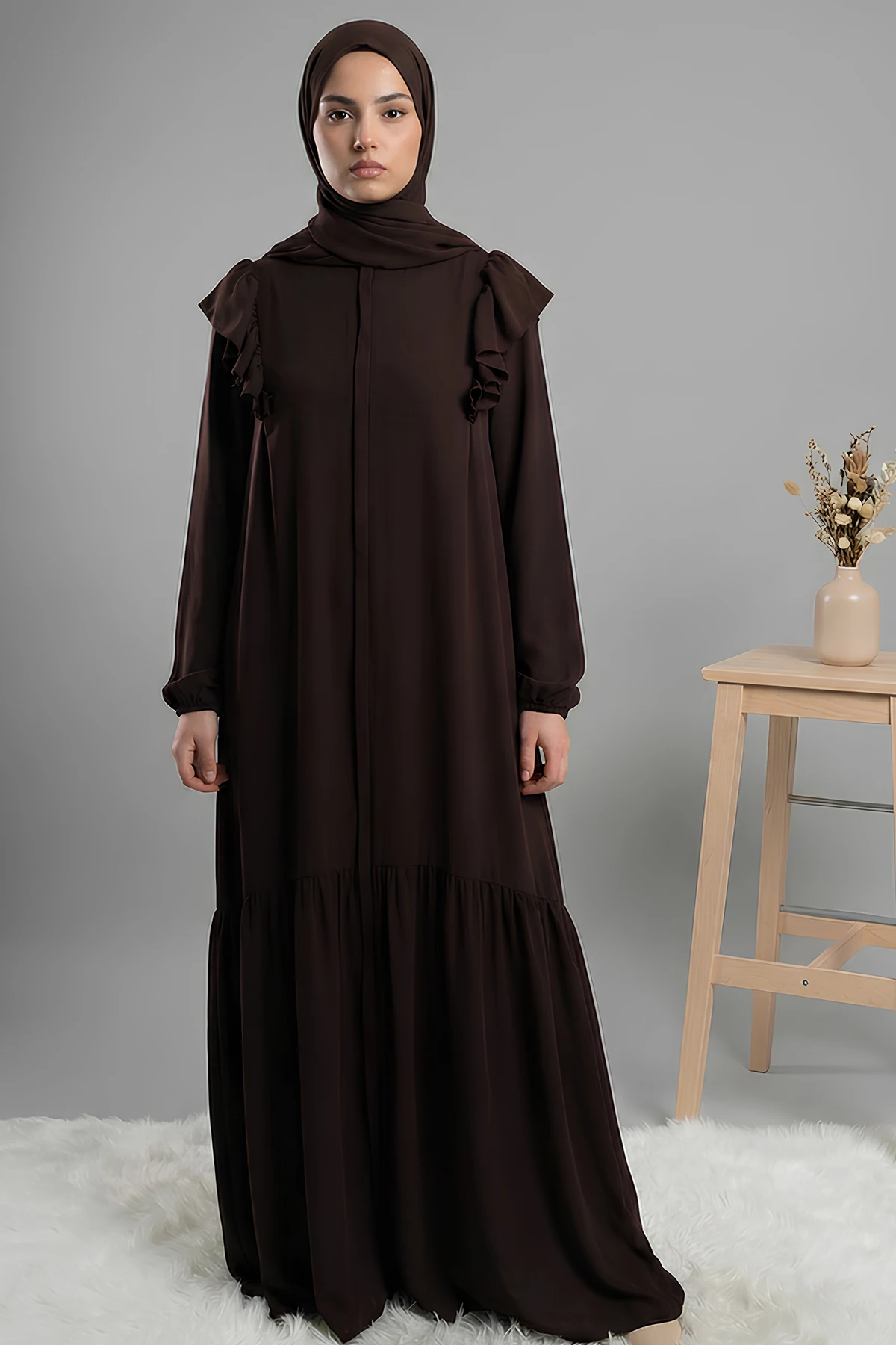 Esved Fermuarlı Tam Boy Medine Ferace - Acı Kahve