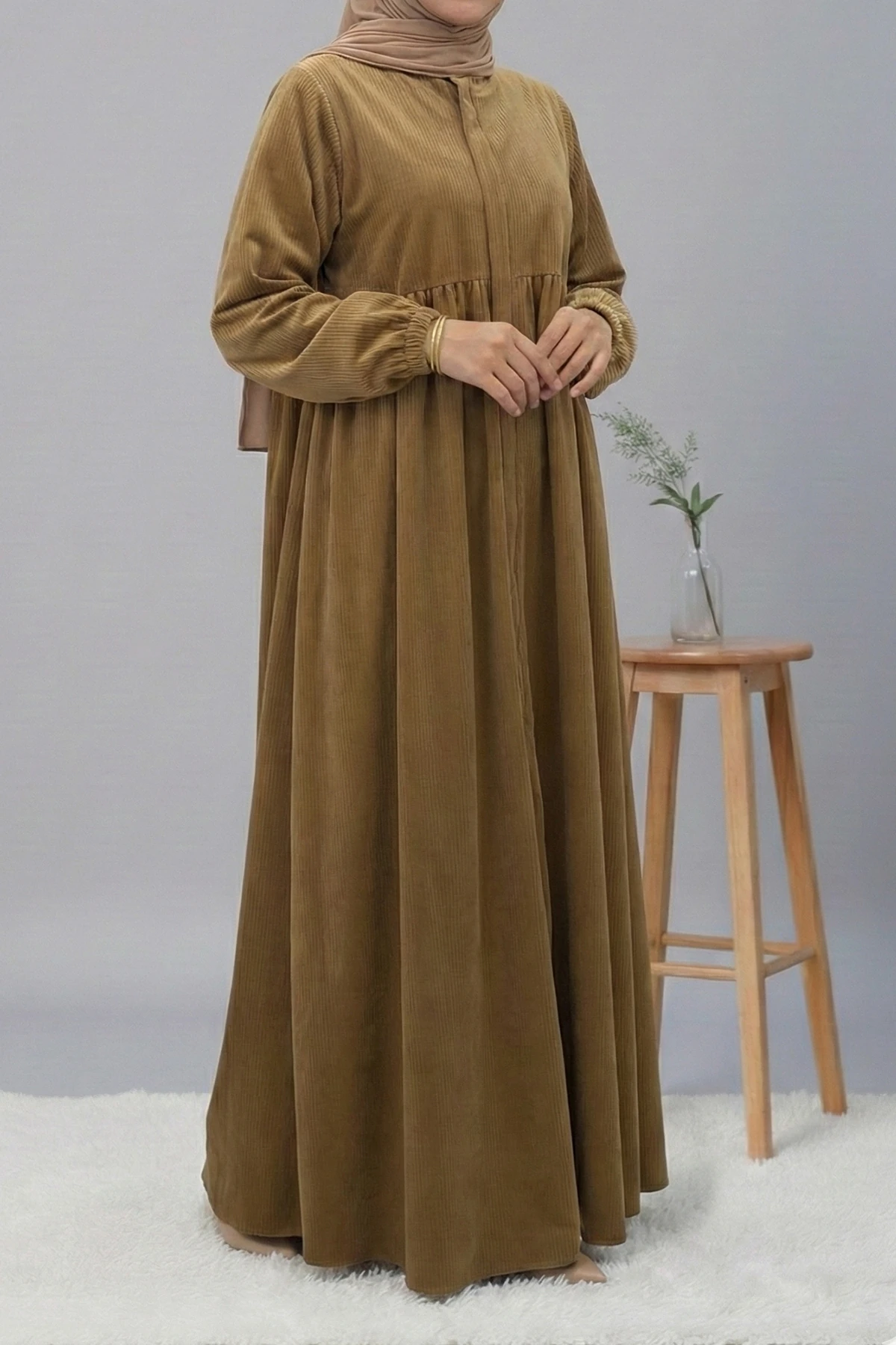 Kadife Robalı Fermuarlı Tam Boy Ferace - Hardal