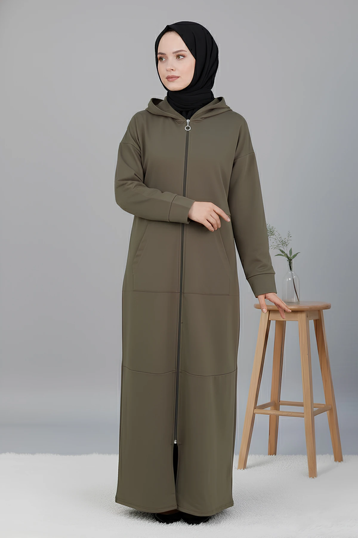 Spor Pamuklu Fermuarlı Ferace  - Haki