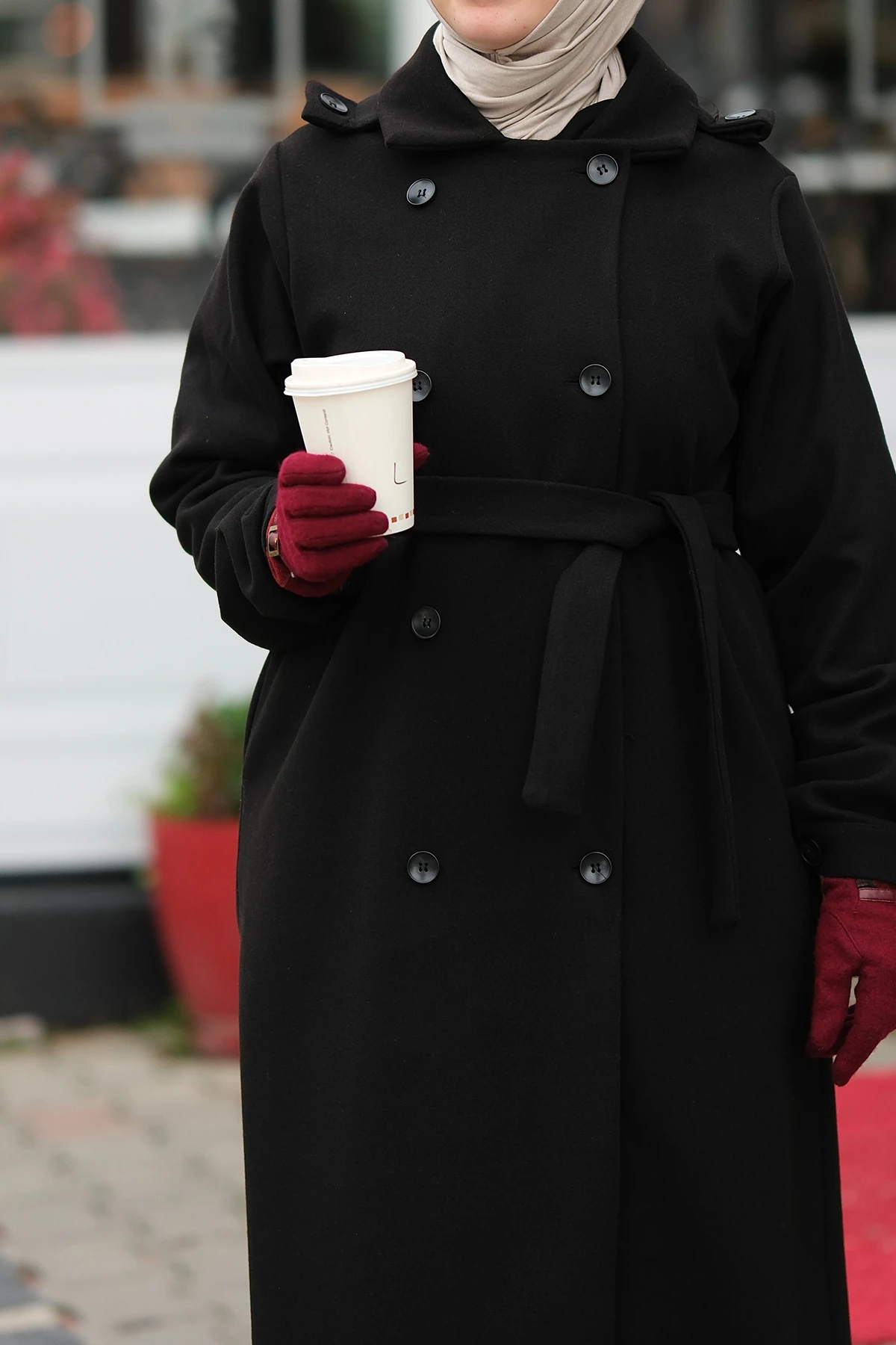 Kruvaze Kaşe Tam Boy Tesettür Kaban