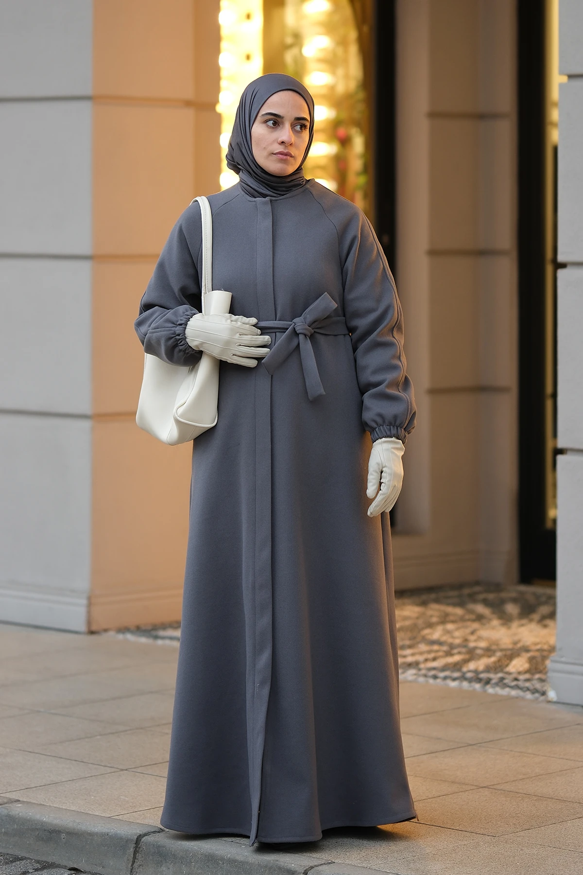 Kloş Kaşe Tam Boy Tesettür Kaban - Antrasit