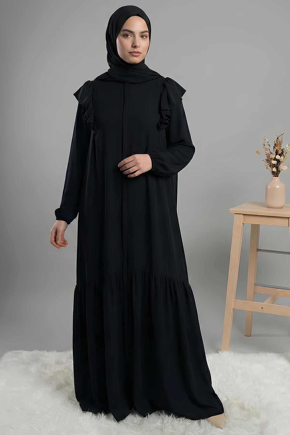 Esved Fermuarlı Tam Boy Medine Ferace - Siyah