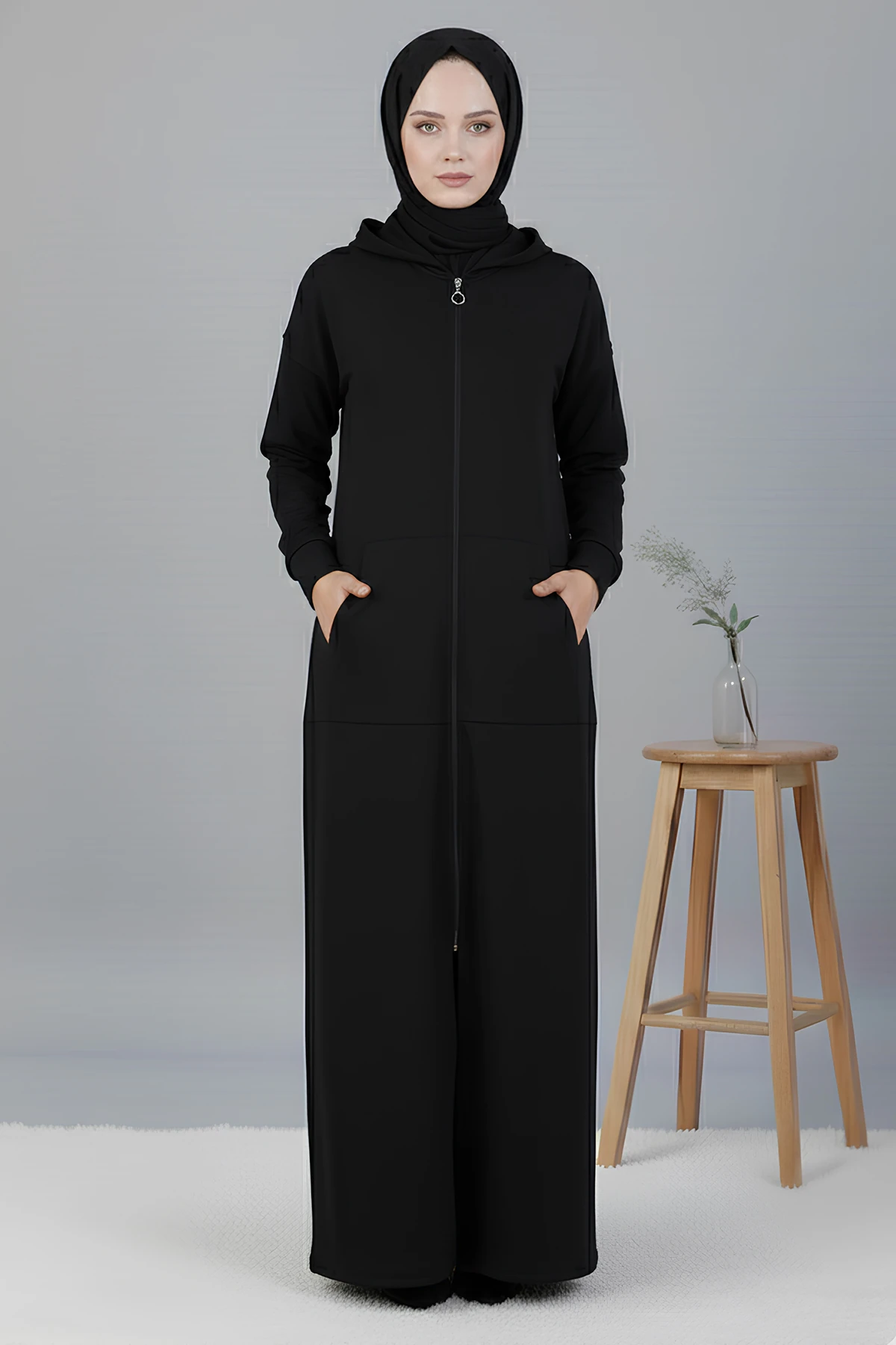 Spor Pamuklu Fermuarlı Ferace  - Siyah