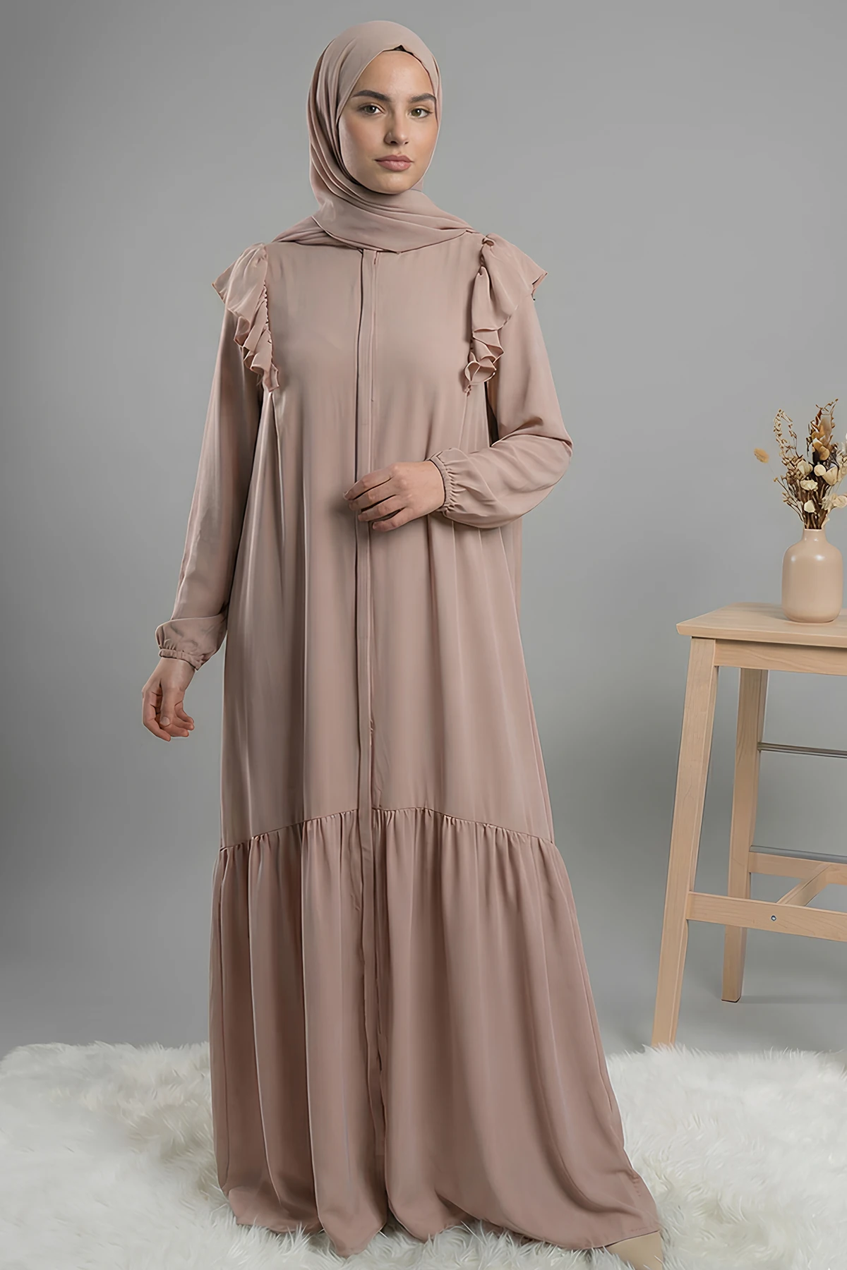 Esved Fermuarlı Tam Boy Medine Ferace - Bej