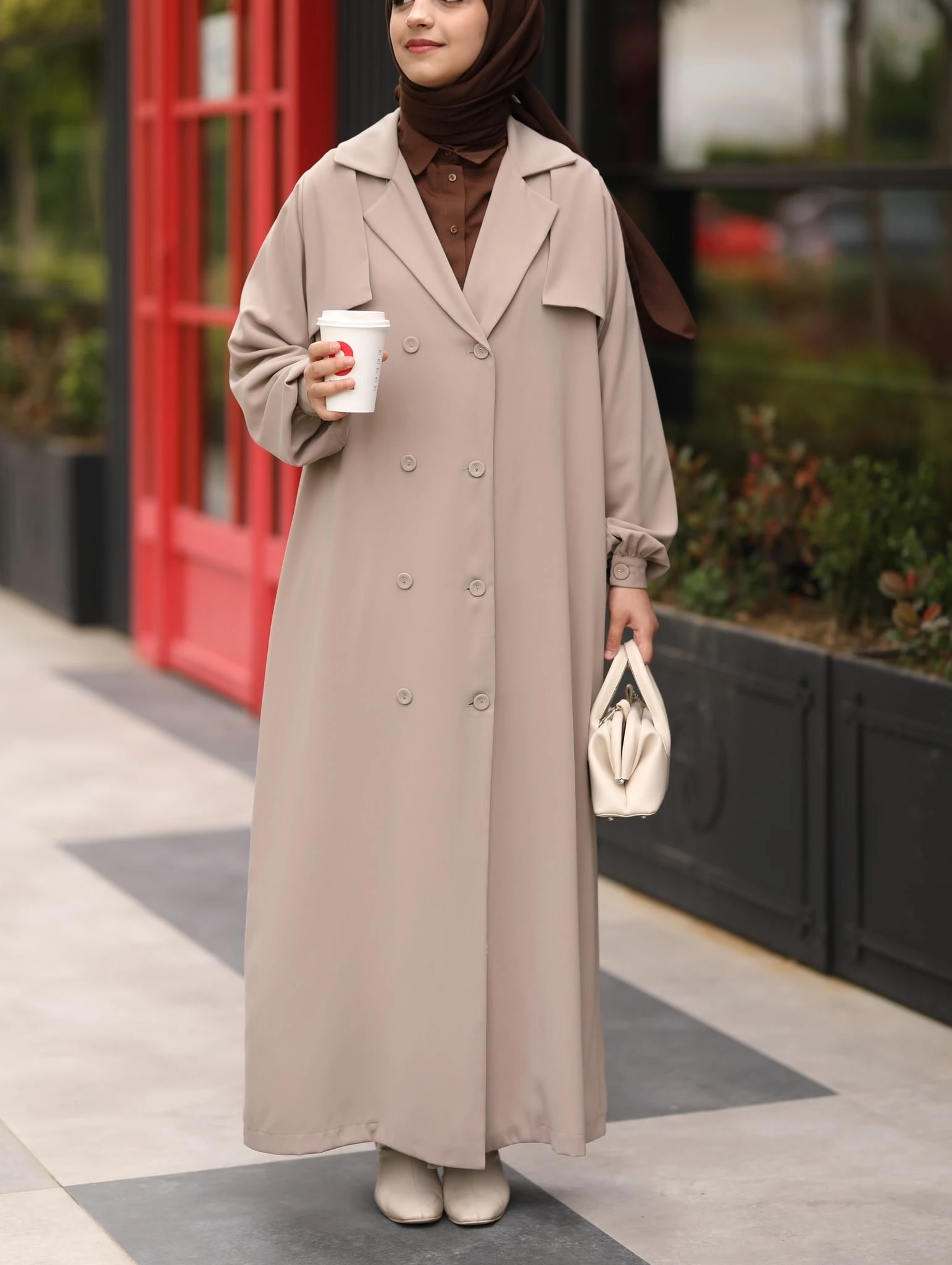 Trenç Tesettür Tam Boy Ferace - Bej