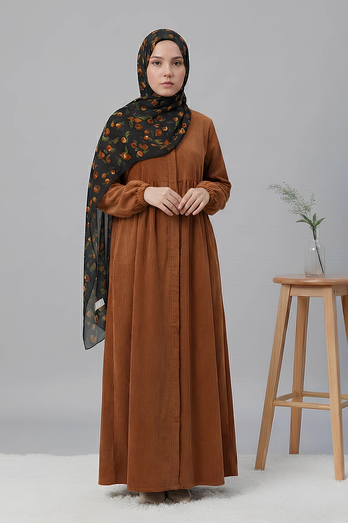 Kadife Robalı Fermuarlı Tam Boy Ferace - Kiremit