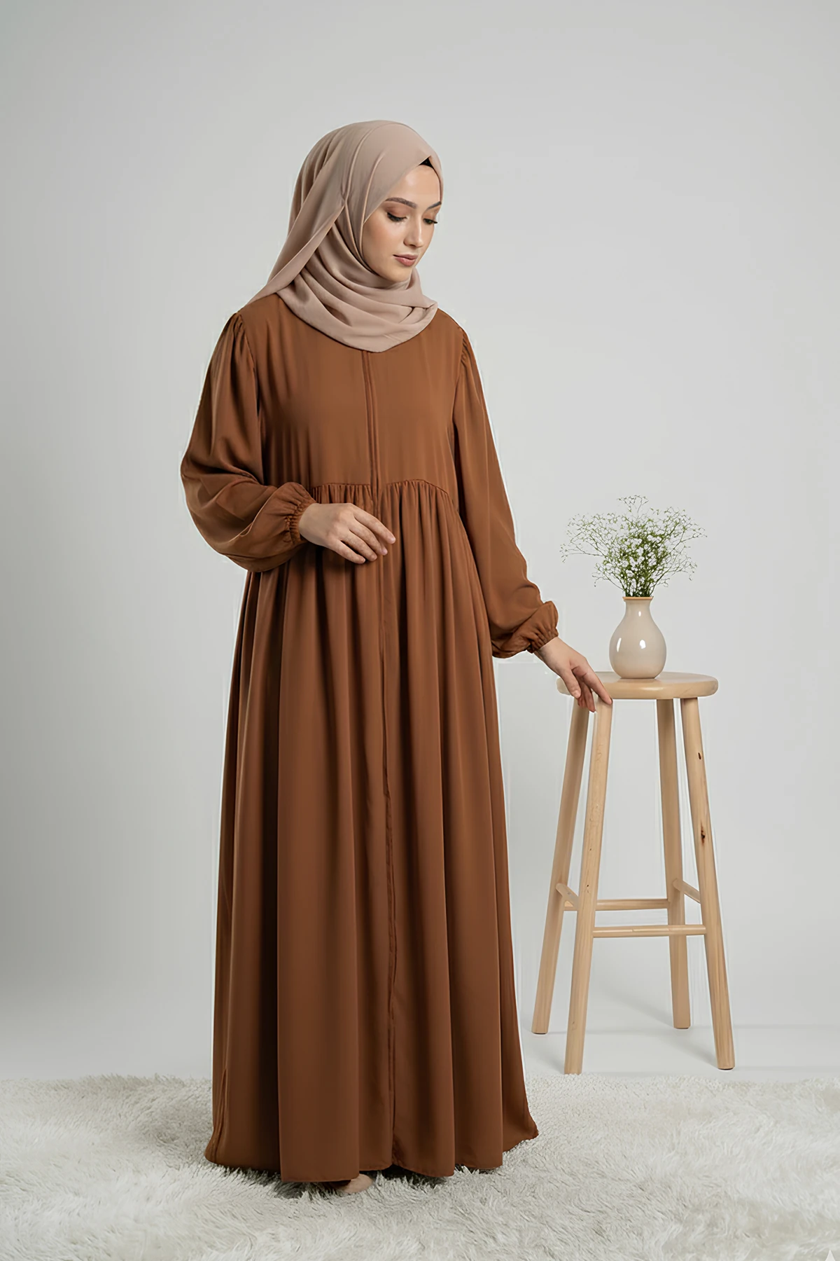 Meva Fermuarlı Medine Tam Boy Ferace - Taba