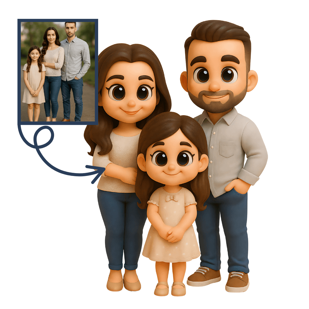 Üç Kişilik Aileler İçin Kişiye Özel Anne Baba ve Çocuk 3D Figür - Karikatür Tarzı Oyuncak