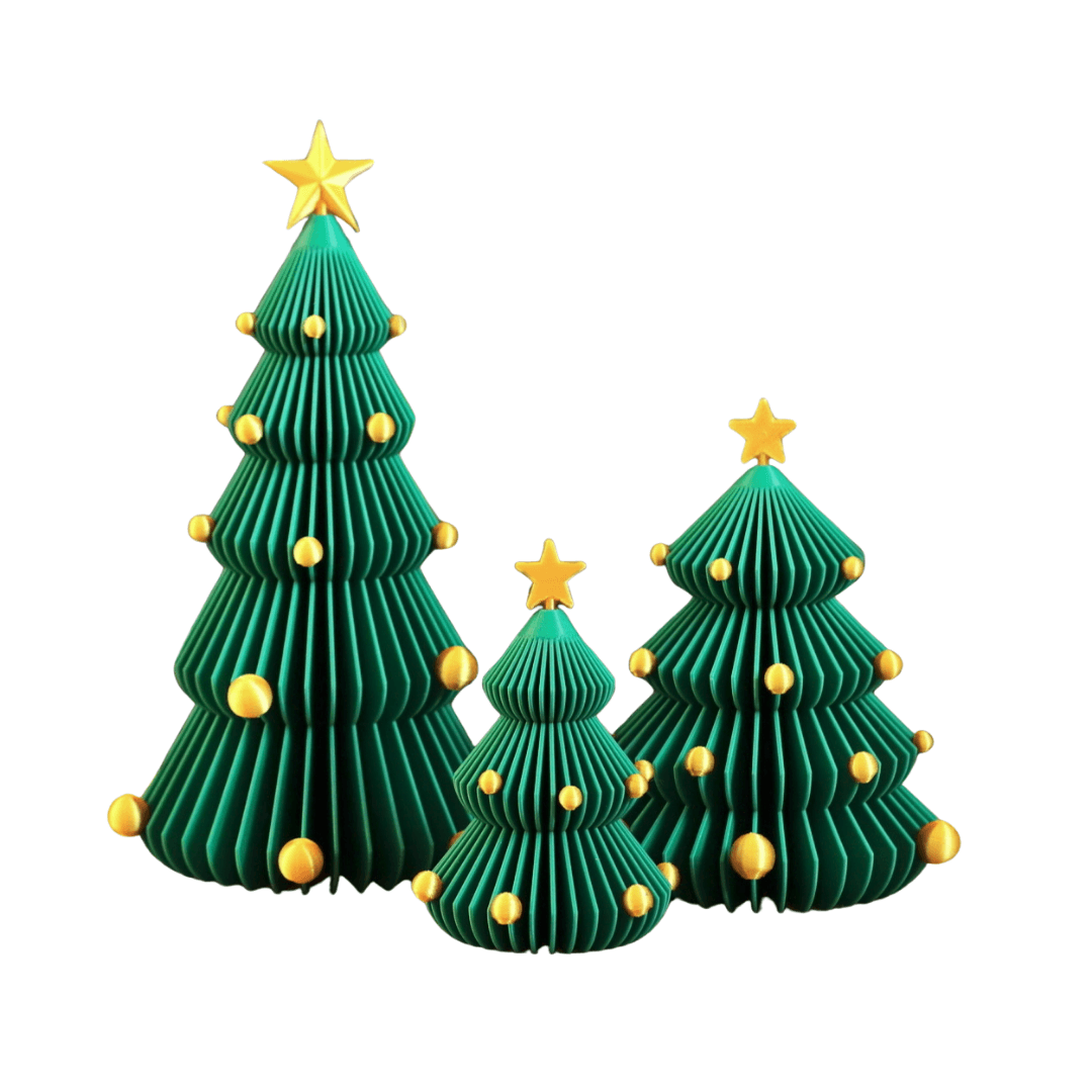 Modern Üçlü Modern Noel Ağacı Seti – Katlı Kağıt Görünümlü Yılbaşı Dekor Seti