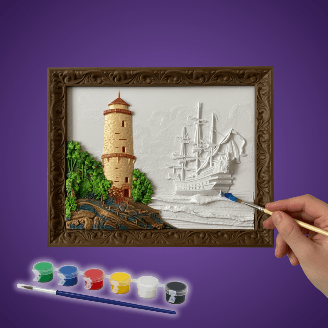 Deniz Feneri ve Gemi 3D Tablo - Boyanabilir 3D Figür