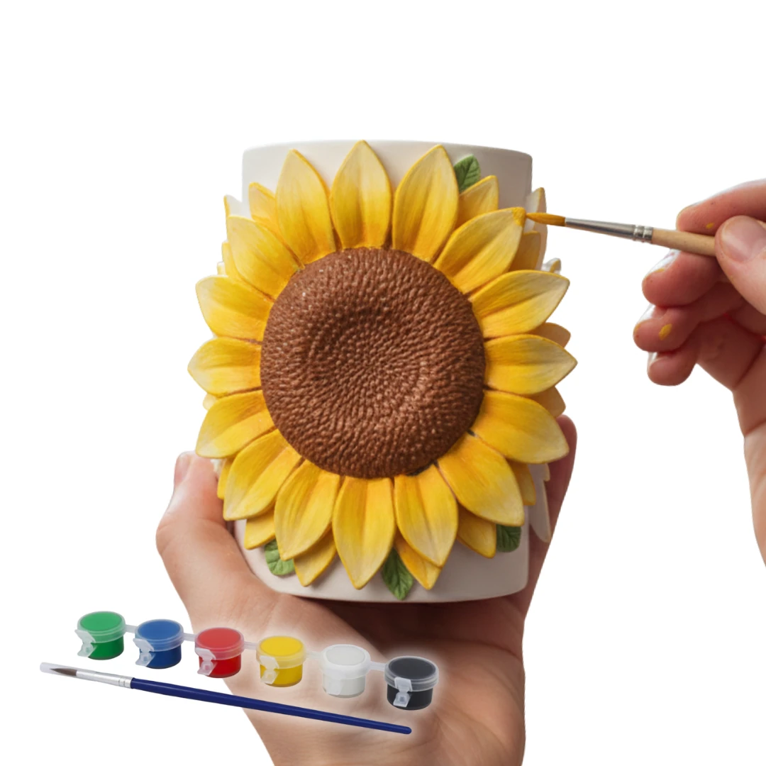 Ayçiçek Desenli Kalemlik - Boyanabilir 3D Figür