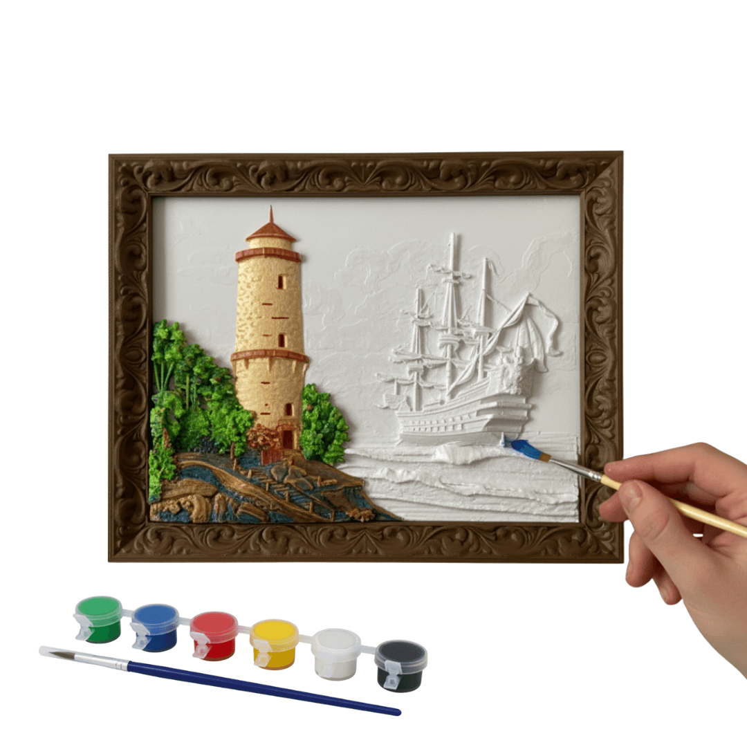 Deniz Feneri ve Gemi 3D Tablo - Boyanabilir 3D Figür