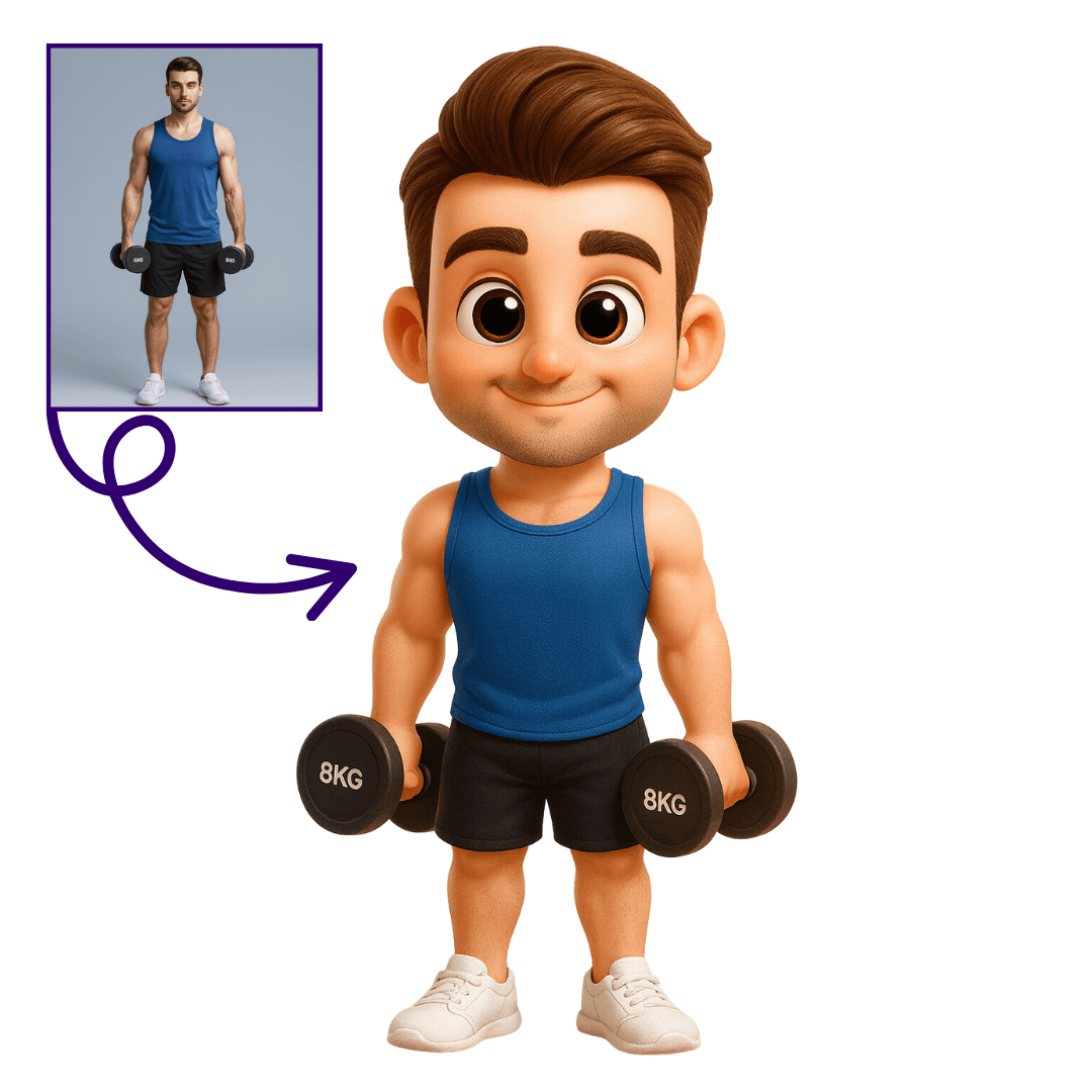 Pixar Tarzı Kişiye Özel Sporcu 3D Figür – Dumbbell Aksesuarı ile