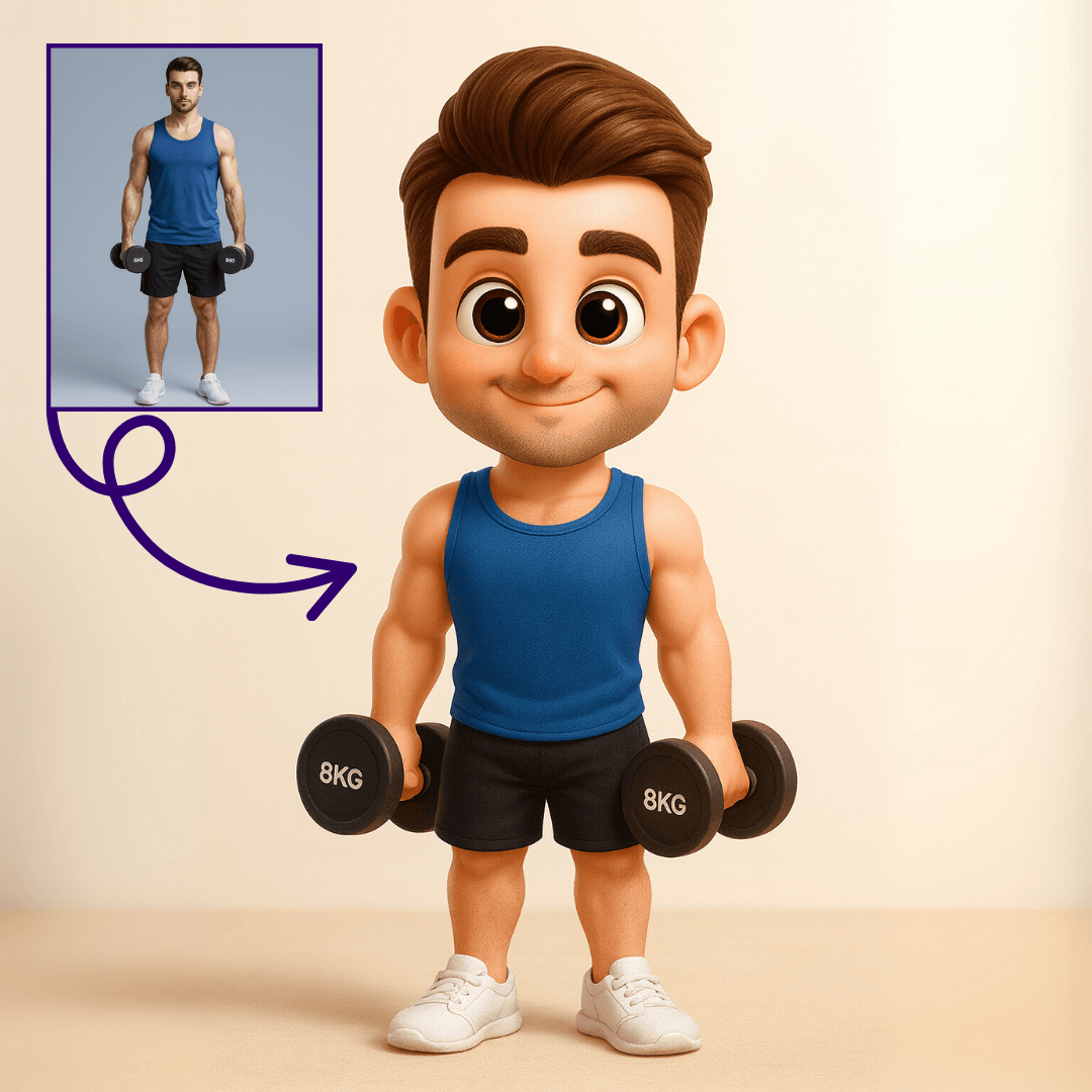 Pixar Tarzı Kişiye Özel Sporcu 3D Figür – Dumbbell Aksesuarı ile