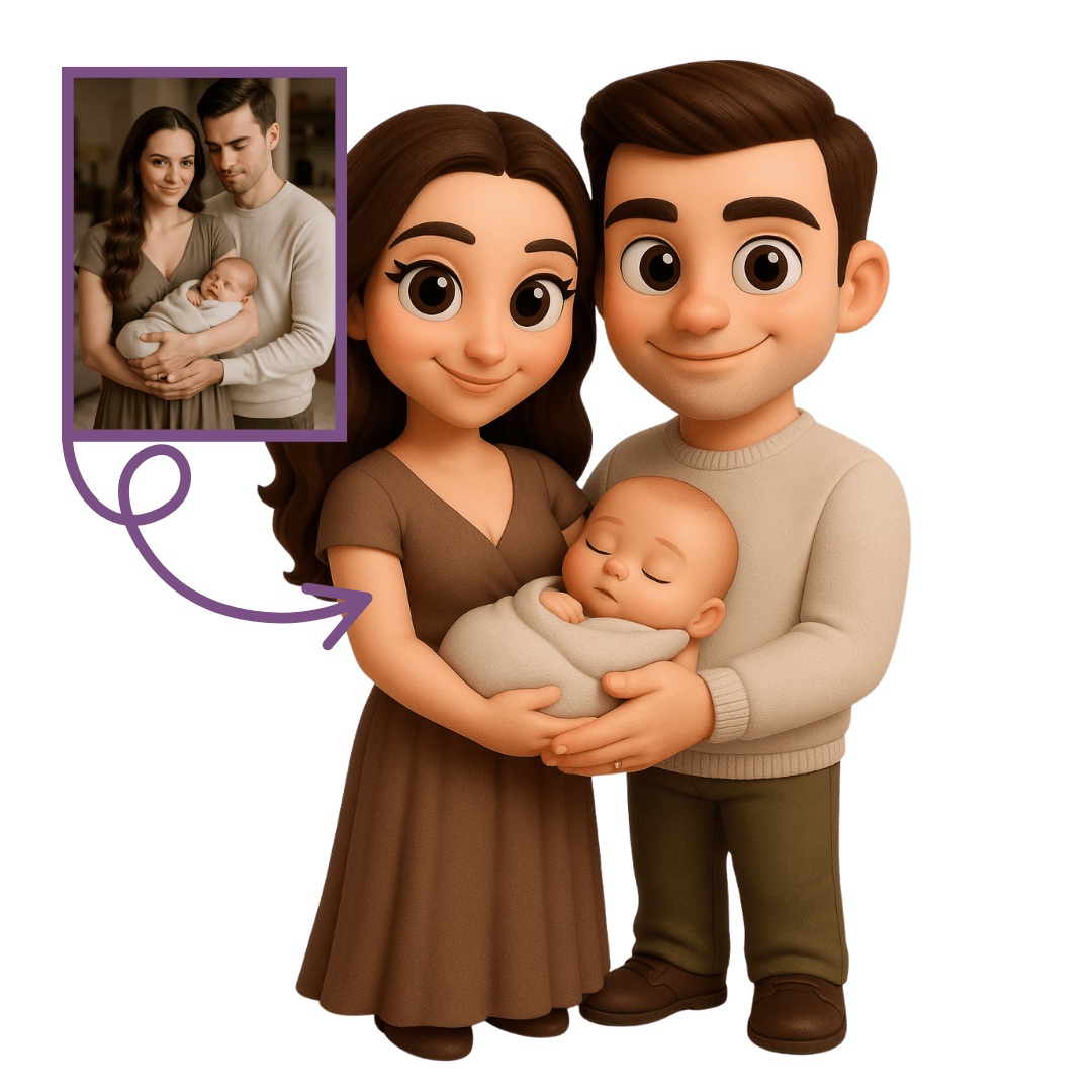 Anne Baba ve Bebek İçin Kişiye Özel 3D Figür - Karikatür Tarzı Figür
