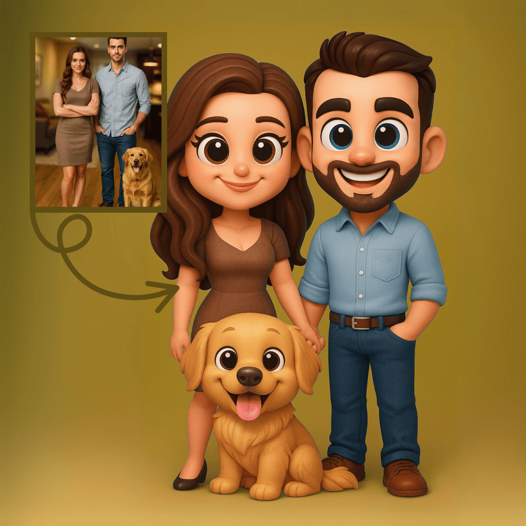 Çift & Evcil Hayvan Figürü - Kişiye Özel 3D Figür