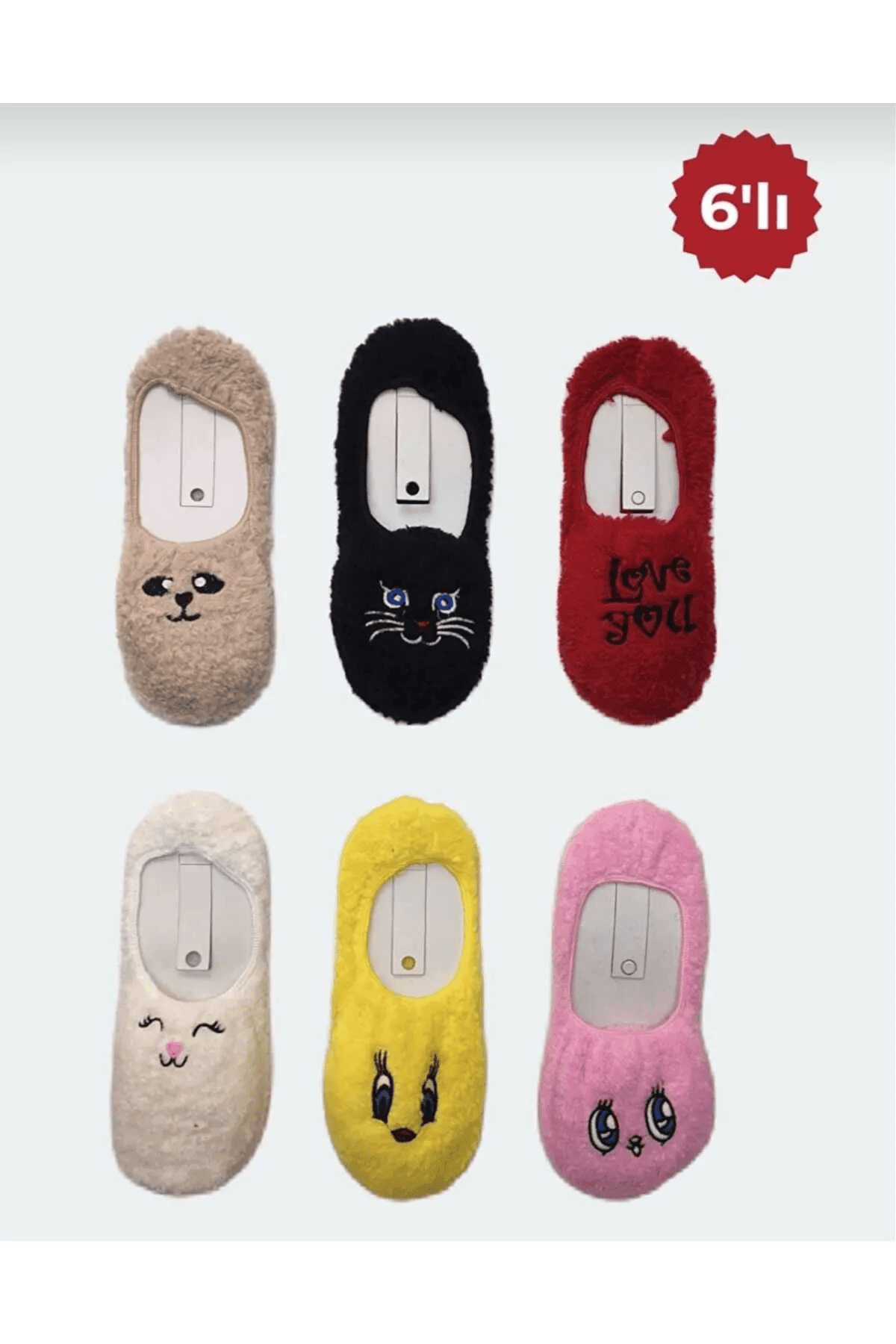 Daffni Kadın Renkli Nakışlı Peluş Babet Çorap Karışık 6'lı Çorap