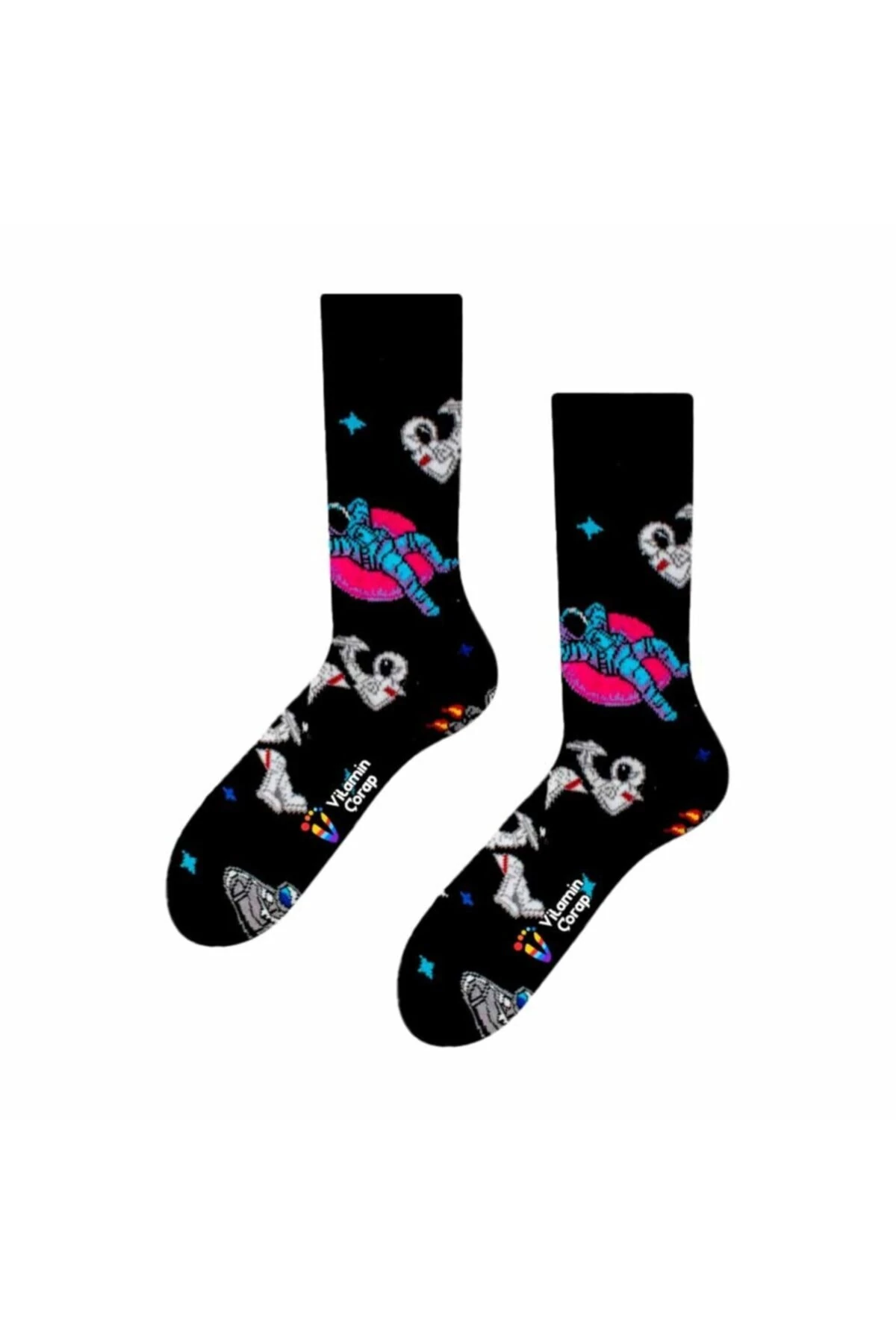 Astronot Siyah Renkli Çorap