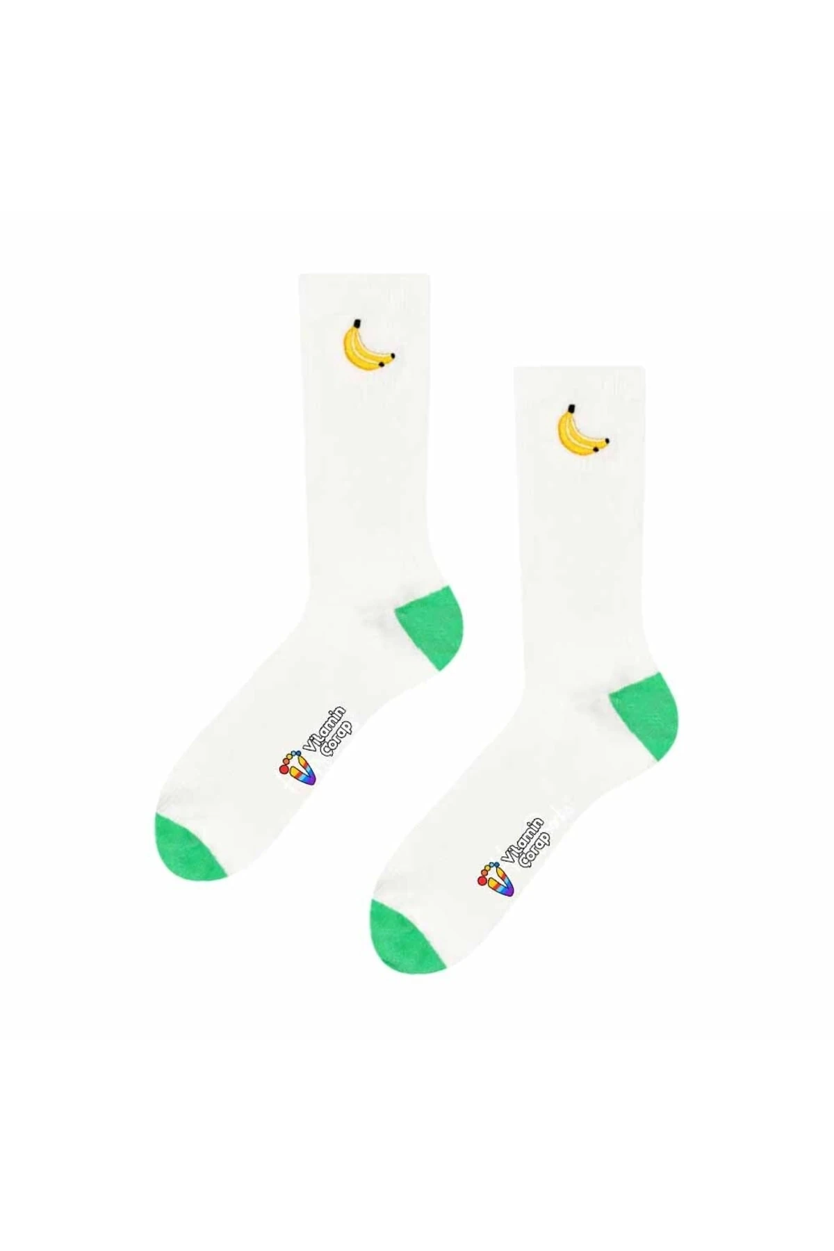 Muz Beyaz Nakışlı Renkli Çorap