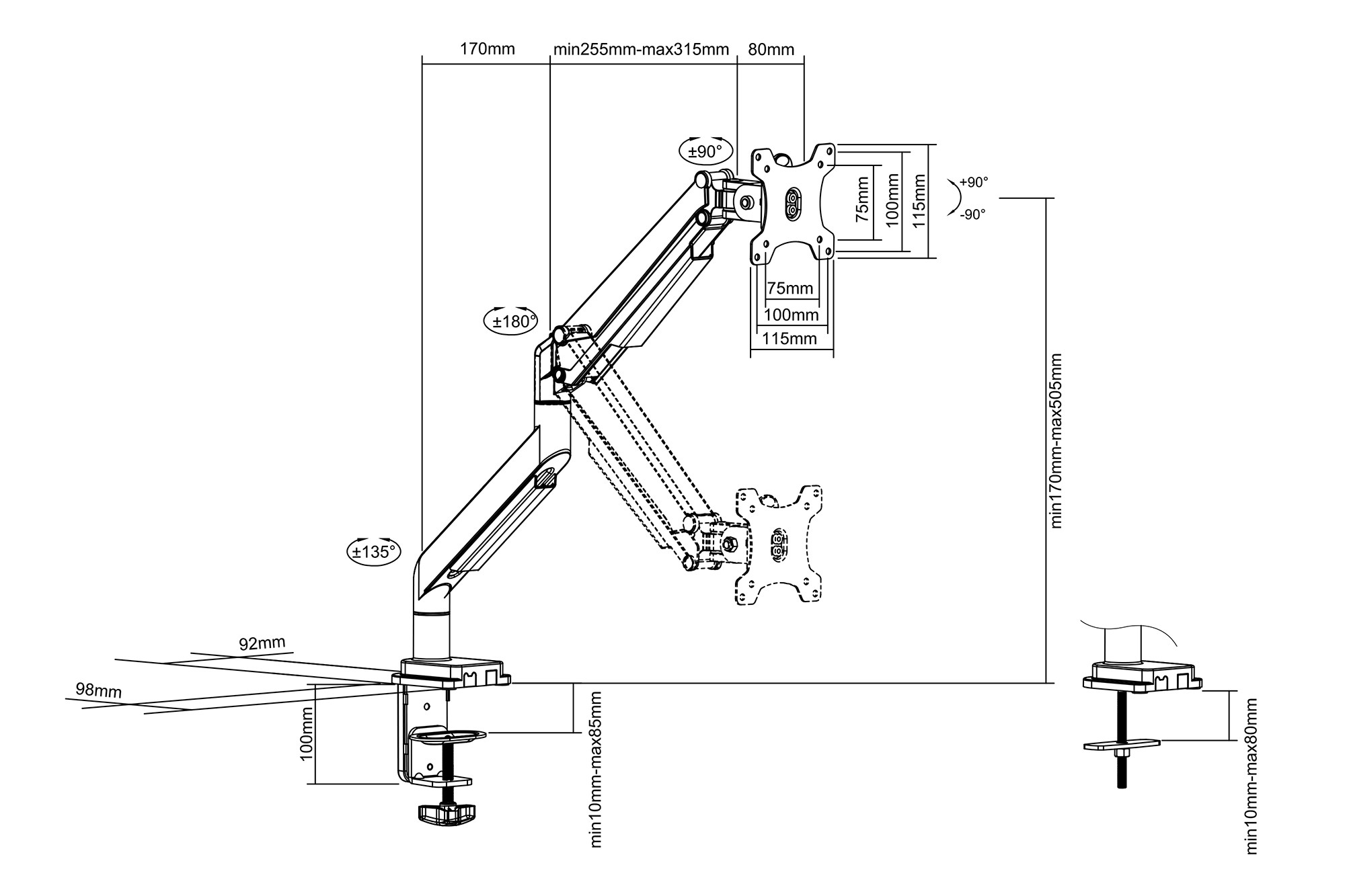 Tekli, gaz basınçlı yaya sahip sıkıştırmalı monitör tutucu 17-32", 9 kg (maks.), siyah